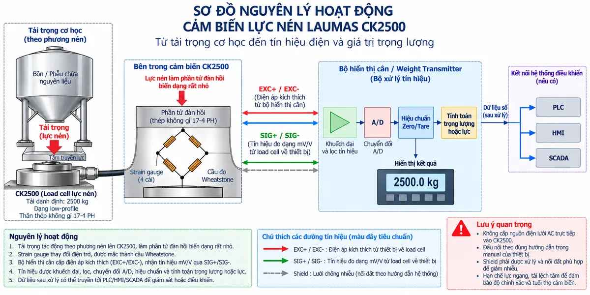 Vẽ sơ đồ nguyên lý hoạt động dạng khối cho cảm biến lực nén Laumas CK2500 trên nền trắng, bố cục ngang. Bắt đầu từ tải trọng cơ học tác động xuống tấm truyền lực và lên CK2500 dạng low-profile tải danh định 2500 kg. Bên trong cảm biến thể hiện phần tử đàn hồi bằng thép không gỉ 17-4 PH và các strain gauge mắc thành cầu Wheatstone. Từ bộ hiển thị cân hoặc weight transmitter vẽ EXC+/EXC- cấp điện áp kích thích tới cầu đo. Khi tải thay đổi, phần tử đàn hồi biến dạng làm điện trở strain gauge thay đổi và tạo tín hiệu vi sai SIG+/SIG- dạng mV/V đưa về thiết bị đọc. Tín hiệu tiếp tục qua các khối khuếch đại và lọc, chuyển đổi A/D, hiệu chuẩn, Zero/Tare, tính toán trọng lượng hoặc lực rồi tới màn hình hiển thị. Nếu thiết bị điện tử cân hỗ trợ giao tiếp công nghiệp, thêm nhánh dữ liệu số sau xử lý tới PLC/HMI/SCADA. Dùng mũi tên và chú thích tiếng Việt để phân biệt luồng lực cơ học, điện áp kích thích EXC, tín hiệu đo SIG dạng mV/V và dữ liệu số sau xử lý. Không thêm đường SENSE vì cấu hình cáp tiêu chuẩn CK là 4 lõi.