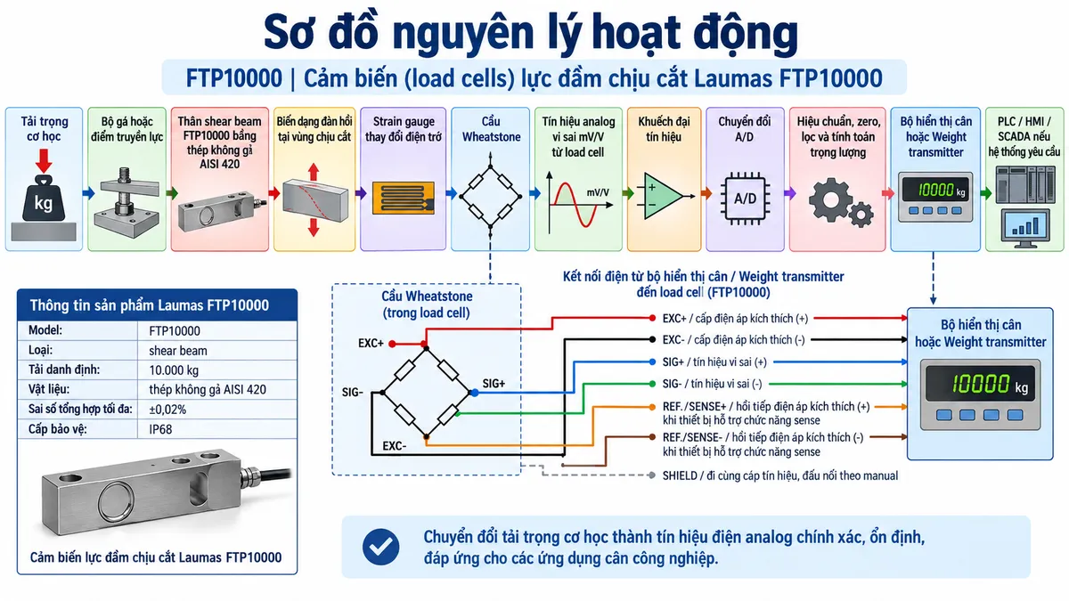 Vẽ sơ đồ nguyên lý hoạt động dạng khối cho Laumas FTP5000 trên nền trắng, bố cục ngang. Luồng chính gồm: Tải trọng cơ học → Bộ gá hoặc điểm truyền lực → Thân shear beam FTP5000 bằng thép không gỉ AISI 420 → Biến dạng đàn hồi tại vùng chịu cắt → Strain gauge thay đổi điện trở → Cầu Wheatstone → Tín hiệu analog vi sai mV/V từ load cell → Khuếch đại tín hiệu → Chuyển đổi A/D → Hiệu chuẩn, zero, lọc và tính toán trọng lượng → Bộ hiển thị cân hoặc Weight transmitter → PLC/HMI/SCADA nếu hệ thống yêu cầu. Vẽ nhánh EXC+/EXC- từ thiết bị điện tử cân cấp điện áp kích thích tới cầu Wheatstone và SIG+/SIG- truyền tín hiệu trở về; REF./SENSE+/REF./SENSE- là đường hồi tiếp điện áp kích thích khi thiết bị đọc hỗ trợ chức năng sense; SHIELD đi cùng cáp tín hiệu và đấu nối theo manual. Thêm khối nhận diện gồm FTP5000, shear beam, tải danh định 5000 kg, thép không gỉ AISI 420, sai số tổng hợp tối đa ±0,02% và cấp bảo vệ IP68.