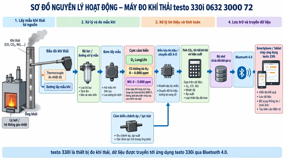 Vẽ sơ đồ nguyên lý hoạt động dạng khối cho máy đo khí thải testo 330i mã 0632 3000 72 trên nền trắng, bố cục ngang. Luồng chính: lò hơi/hệ thống gia nhiệt → khí thải trong ống khói → đầu dò khí thải → thermocouple đo nhiệt độ và đường lấy mẫu khí → bộ lọc/đường xử lý mẫu → bơm lấy mẫu → cụm cảm biến O2 LongLife, CO không bù H2 dải 0–4.000 ppm và NO dải 0–3.000 ppm → điều hòa tín hiệu/chuyển đổi A-D → bộ xử lý testo 330i. Vẽ thêm nhánh cảm biến chênh áp/lực hút vào bộ xử lý. Từ dữ liệu O2, CO, NO, nhiệt độ, áp suất và loại nhiên liệu đã chọn, thể hiện khối tính CO2, tổn thất khí thải và hiệu suất → bộ nhớ tối đa 500.000 giá trị → Bluetooth 4.0 → smartphone/tablet chạy ứng dụng testo 330i → hiển thị kết quả, lưu dữ liệu, bổ sung thông tin/hình ảnh và tạo báo cáo điện tử. Ghi rõ NO là cảm biến được tích hợp trong cấu hình mã 0632 3000 72, không mô tả là phụ kiện nâng cấp của chính mã này.