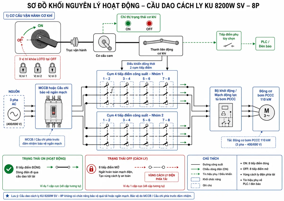 Vẽ sơ đồ khối nguyên lý hoạt động của Cầu dao cách ly Katko KU 8200W SV trên nền trắng, bố cục ngang. Phía trên thể hiện tay xoay trực tiếp ON–OFF, ba vị trí gắn ổ khóa LOTO tại OFF, trục vận hành, cơ cấu cam và thanh liên động cơ khí. Từ cơ cấu liên động vẽ đường điều khiển đồng thời đến hai cụm bốn tiếp điểm công suất; mỗi cụm gồm các cặp cực 1–2, 3–4, 5–6 và 7–8. Minh họa trạng thái ON với tám tiếp điểm đóng và mũi tên dòng điện từ nguồn qua cầu dao đến bộ khởi động hoặc động cơ bơm PCCC; trạng thái OFF với tám tiếp điểm mở và vùng cách ly điện rõ ràng phía tải. Bổ sung khối chỉ thị trạng thái cơ khí, nhánh tiếp điểm phụ tùy chọn truyền tín hiệu về PLC hoặc đèn báo và ghi chú MCCB hoặc cầu chì phía trước đảm nhiệm bảo vệ ngắn mạch.