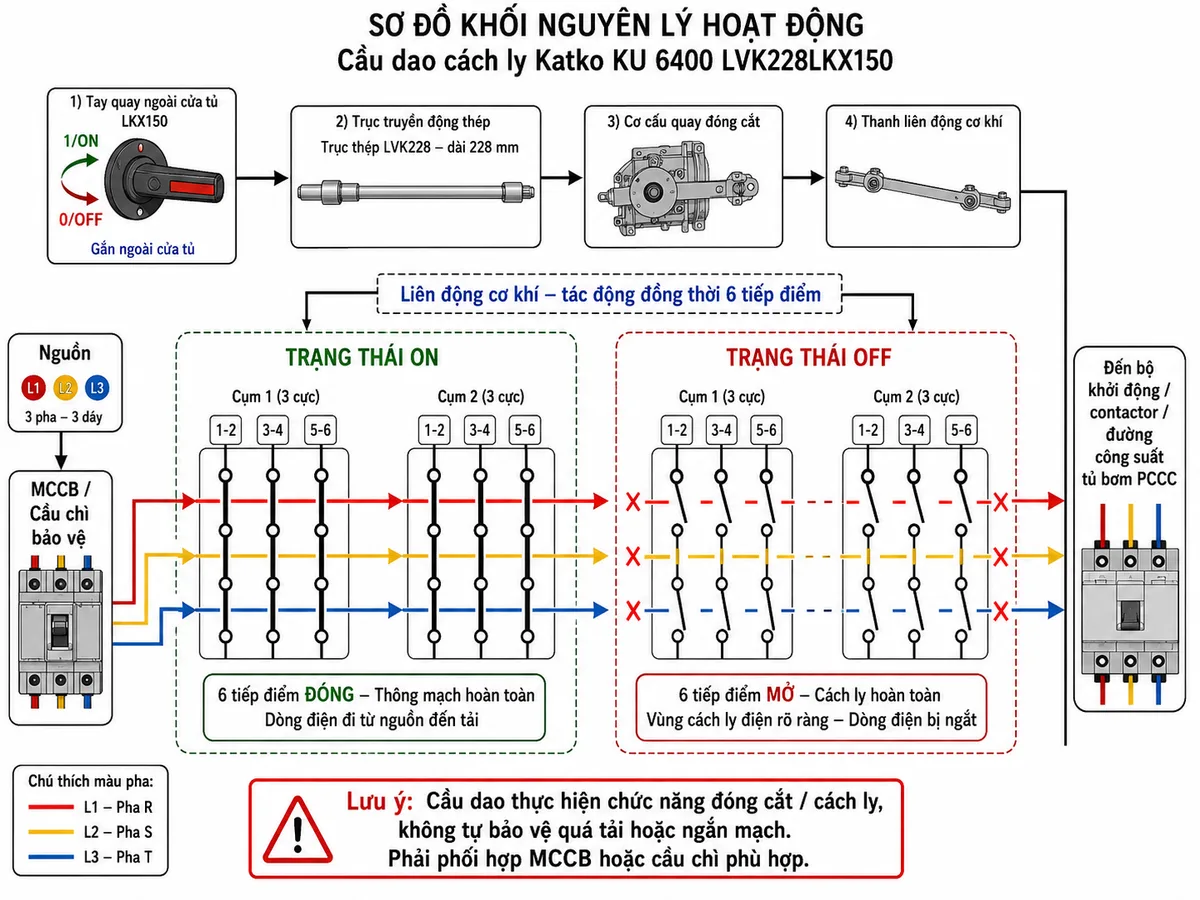 Vẽ sơ đồ khối nguyên lý hoạt động của Katko KU 6400 LVK228LKX150 trên nền trắng, bố cục ngang. Phía trên lần lượt thể hiện tay quay ngoài cửa tủ LKX150 với hai vị trí 0/OFF và 1/ON, trục truyền động thép LVK228 dài 228 mm, cơ cấu quay đóng cắt và thanh liên động cơ khí. Từ thanh liên động vẽ hai nhánh đến hai cụm ba cực; mỗi cụm gồm ba tiếp điểm công suất 1-2, 3-4 và 5-6, tổng cộng sáu tiếp điểm được tác động đồng thời. Minh họa trạng thái ON với sáu tiếp điểm đóng và các mũi tên dòng điện từ nguồn qua cầu dao đến các đường công suất của tủ bơm PCCC. Minh họa trạng thái OFF với sáu tiếp điểm mở, khoảng cách cách ly rõ ràng và dòng điện bị ngắt. Bổ sung khối MCCB hoặc cầu chì ở phía nguồn và ghi chú cầu dao thực hiện đóng cắt/cách ly, không tự bảo vệ quá tải hoặc ngắn mạch.