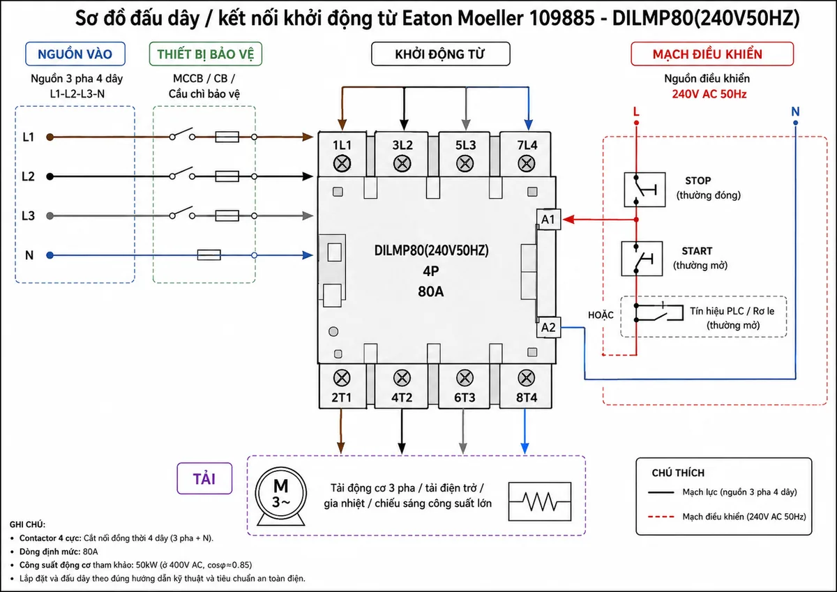 Sơ đồ đấu dây khởi động từ Eaton Moeller 109877 DILMP80(110V50HZ,120V60HZ) 4P 80A; thể hiện nguồn 3 pha 4 dây L1-L2-L3-N đi qua MCCB/CB/cầu chì bảo vệ, đấu vào các cực phía trên 1L1, 3L2, 5L3, 7L4 của contactor; các cực ra phía dưới 2T1, 4T2, 6T3, 8T4 cấp đến tải động cơ 3 pha hoặc tải điện trở/gia nhiệt/chiếu sáng công suất lớn; cuộn hút A1-A2 nhận nguồn điều khiển 110V AC 50Hz hoặc 120V AC 60Hz qua nút STOP thường đóng, nút START thường mở hoặc tín hiệu PLC/rơ le; ghi chú thêm rơ le nhiệt nếu dùng cho động cơ và dây tiếp địa PE cho tải