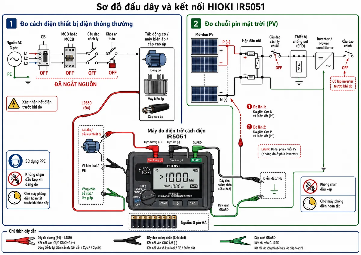 Vẽ sơ đồ đấu dây và kết nối Máy đo điện trở cách điện HIOKI IR5051, nền trắng, bố cục ngang, nhãn tiếng Việt, phong cách kỹ thuật điện công nghiệp. Chia hình thành hai nhánh. Nhánh thứ nhất thể hiện nguồn điện AC hoặc ba pha đi qua CB, MCB hoặc MCCB, cầu dao cách ly và khóa an toàn tới tải là động cơ, máy biến áp hoặc cáp cao áp; nguồn phải được ngắt trước khi đo. Vẽ IR5051 sử dụng 8 pin AA, dây đỏ L9850 nối từ cực dương của máy tới lõi dẫn hoặc đầu cực thiết bị, dây đen có che chắn nối từ cực âm tới vỏ kim loại hoặc PE, dây xanh nối cực GUARD tới vòng chắn bề mặt hoặc lớp giáp phù hợp. Nhánh thứ hai thể hiện chuỗi pin mặt trời gồm các mô-đun PV, cực P dương, cực N âm, hộp đấu nối, cầu dao cách ly chuỗi, thiết bị chống sét và inverter hoặc power conditioner; vẽ cầu dao chính và cầu dao chuỗi ở trạng thái OFF để cô lập inverter, dây đen nối điểm đất và dây đỏ lần lượt nối cực N rồi cực P phía chuỗi. Thêm cảnh báo xác nhận hết điện đối với thiết bị điện thông thường, sử dụng PPE, không chạm đầu kẹp và chờ máy phóng điện hoàn tất trước khi tháo dây.