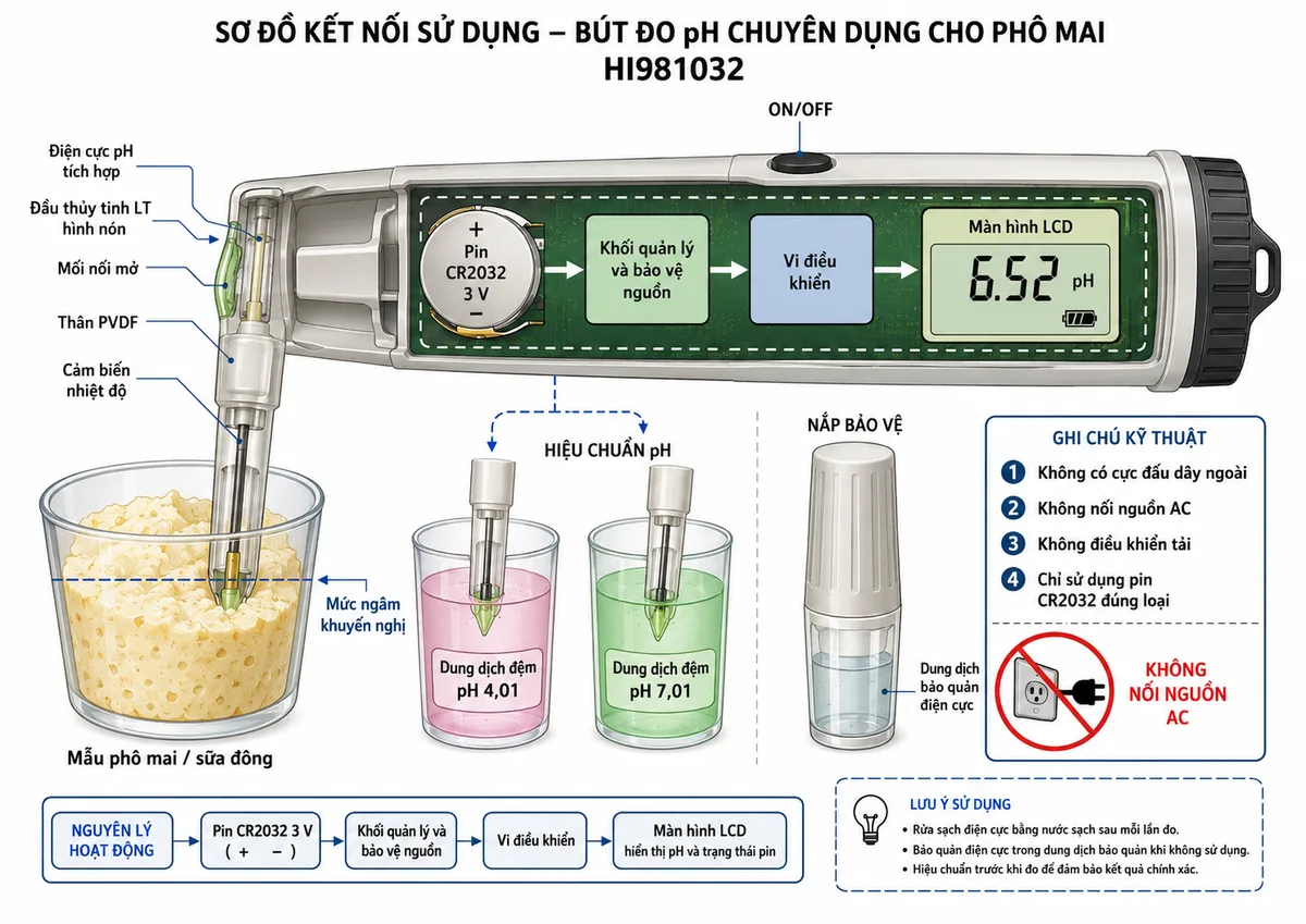 Vẽ sơ đồ kết nối sử dụng Bút Đo pH Chuyên Dụng Cho Phô Mai Hanna HI981032, nền trắng, bố cục ngang và nhãn tiếng Việt. Thể hiện pin CR2032 3 V với cực dương và cực âm tiếp xúc khoang pin, khối quản lý và bảo vệ nguồn bên trong thân bút, nút ON/OFF, vi điều khiển và màn hình LCD. Phần đầu đo gồm điện cực pH tích hợp, đầu thủy tinh LT hình nón, mối nối mở, thân PVDF và cảm biến nhiệt độ, được đưa đến mức ngâm khuyến nghị trong mẫu phô mai hoặc sữa đông. Vẽ thêm nắp bảo vệ có dung dịch bảo quản điện cực và các dung dịch hiệu chuẩn pH 4,01, pH 7,01. Ghi chú rõ thiết bị không có cực đấu dây ngoài, không nối nguồn AC, không điều khiển tải và chỉ sử dụng pin CR2032 đúng loại.