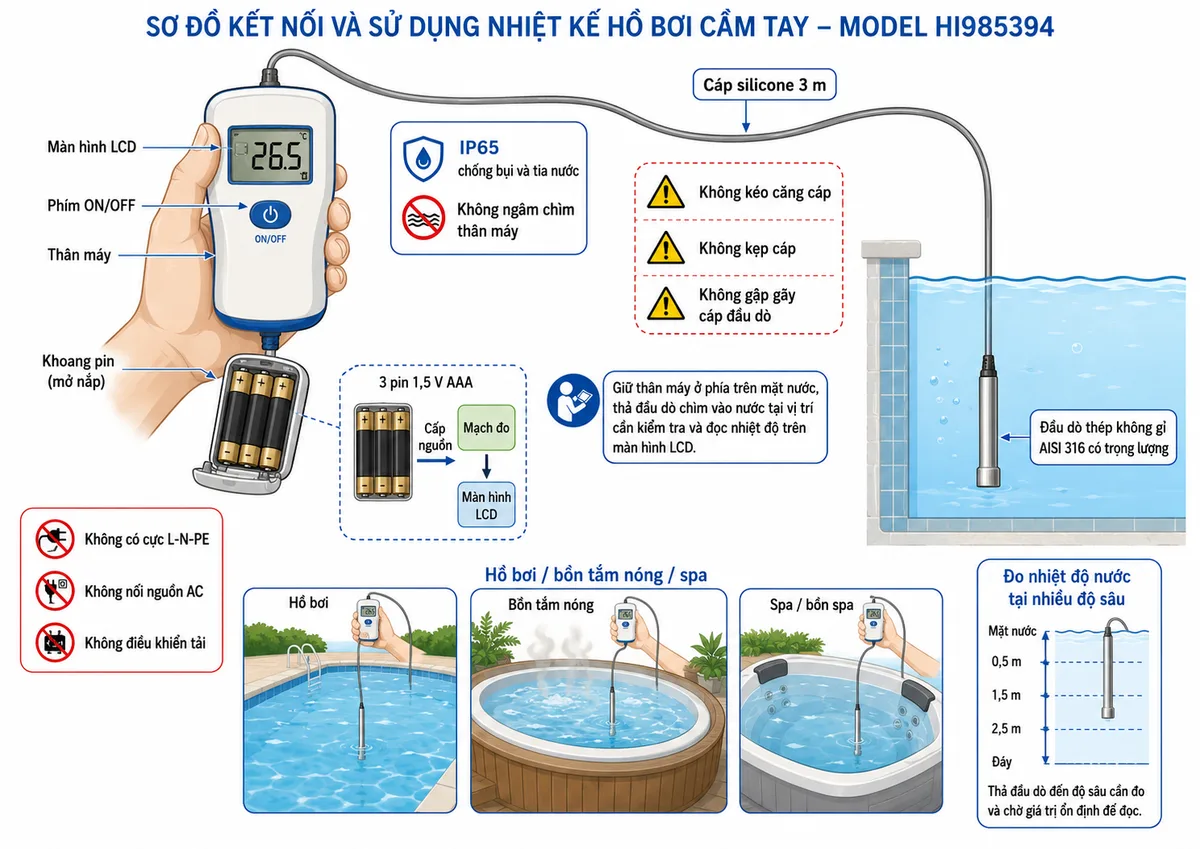 Vẽ sơ đồ kết nối và sử dụng Nhiệt kế hồ bơi Hanna HI985394, nền trắng, bố cục ngang, nhãn tiếng Việt; thể hiện khoang pin bên trong thân máy lắp 3 pin 1,5 V AAA cấp nguồn cho mạch đo và màn hình LCD, không có cực L-N-PE, không nối nguồn AC và không điều khiển tải; từ thân máy đi ra cáp silicone cố định dài 3 m nối tới đầu dò thép không gỉ AISI 316 có trọng lượng được thả chìm trong hồ bơi, bồn tắm nóng hoặc spa; thân máy được giữ phía trên mặt nước; ghi chú IP65 chống bụi và tia nước nhưng không ngâm chìm thân máy; thể hiện người vận hành đọc nhiệt độ trên LCD và cảnh báo không kéo căng, kẹp hoặc gập gãy cáp đầu dò.