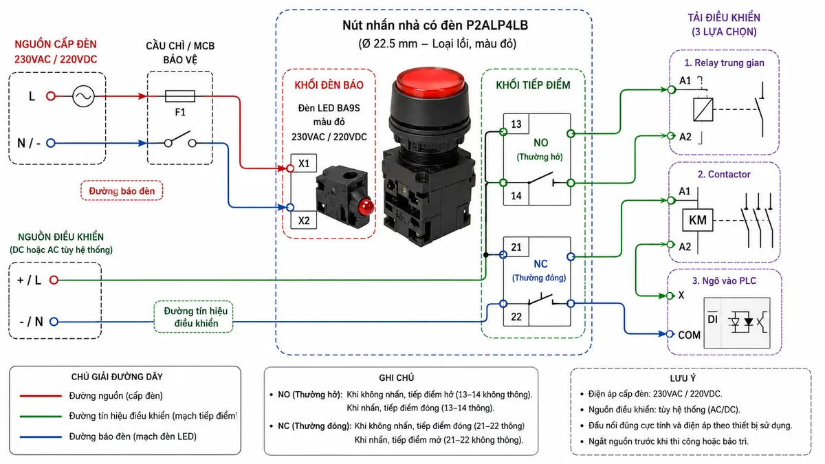 Sơ đồ đấu dây / kết nối cho Nút Nhấn Nhả Có Đèn - Loại Lồi Teknic P2ALP4LB màu đỏ; thể hiện nút nhấn lồi 22.5 mm, hai cực đèn LED bulb BA9S màu đỏ, nguồn cấp đèn 230VAC/220VDC, cầu chì hoặc MCB bảo vệ, khối tiếp điểm NO và NC lắp kèm theo cấu hình, nguồn điều khiển, tải điều khiển gồm relay trung gian, contactor hoặc ngõ vào PLC; có mũi tên và nhãn tiếng Việt chỉ rõ đường nguồn, đường tín hiệu điều khiển và đường báo đèn