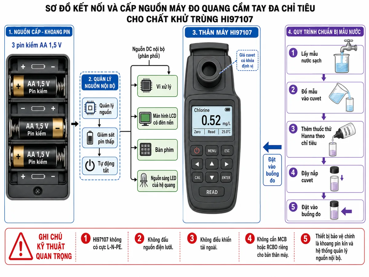 Vẽ sơ đồ kết nối và cấp nguồn của máy đo quang Hanna HI97107 trên nền trắng, bố cục ngang. Bên trái thể hiện khoang nguồn gồm 3 pin kiềm AA 1,5 V lắp đúng chiều cực dương và cực âm theo ký hiệu trong khay pin, đi qua khối quản lý nguồn, giám sát pin thấp và tự động tắt. Từ khối nguồn chia các nhánh cấp điện nội bộ tới vi xử lý, màn hình LCD có đèn nền, bàn phím và nguồn sáng LED của hệ quang. Ở giữa thể hiện thân máy HI97107 với giá cuvet có khóa định vị. Bên phải thể hiện mẫu nước được lấy bằng dụng cụ sạch, thêm đúng thuốc thử Hanna theo chỉ tiêu, đậy nắp cuvet rồi đặt vào buồng đo. Ghi chú rõ HI97107 không có cực L-N-PE, không đấu nguồn điện lưới, không điều khiển tải ngoài và không cần MCB hoặc RCBO riêng cho bản thân máy; thiết bị bảo vệ chính là khoang pin kín và hệ thống quản lý nguồn nội bộ.