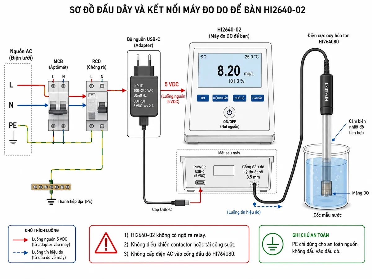 Vẽ sơ đồ đấu dây và kết nối của máy đo DO để bàn Hanna HI2640-02 trên nền trắng: nguồn điện lưới AC phù hợp bộ adapter đi qua MCB và RCD hoặc thiết bị bảo vệ nhánh tương đương rồi vào bộ nguồn USB-C; từ adapter đưa nguồn 5 VDC qua cáp USB-C tới cổng POWER của HI2640-02, thể hiện rõ nút ON/OFF. Ở phía sau máy, cổng đầu dò kỹ thuật số 3,5 mm nối với điện cực oxy hòa tan HI764080; đầu điện cực đặt trong cốc mẫu nước, thể hiện cảm biến nhiệt độ tích hợp và màng DO ở đầu dò. Dùng mũi tên phân biệt luồng nguồn và luồng tín hiệu đo. Ghi chú rõ HI2640-02 không có ngõ ra relay, không điều khiển contactor hoặc tải công suất, không cấp điện AC vào cổng đầu dò HI764080.
