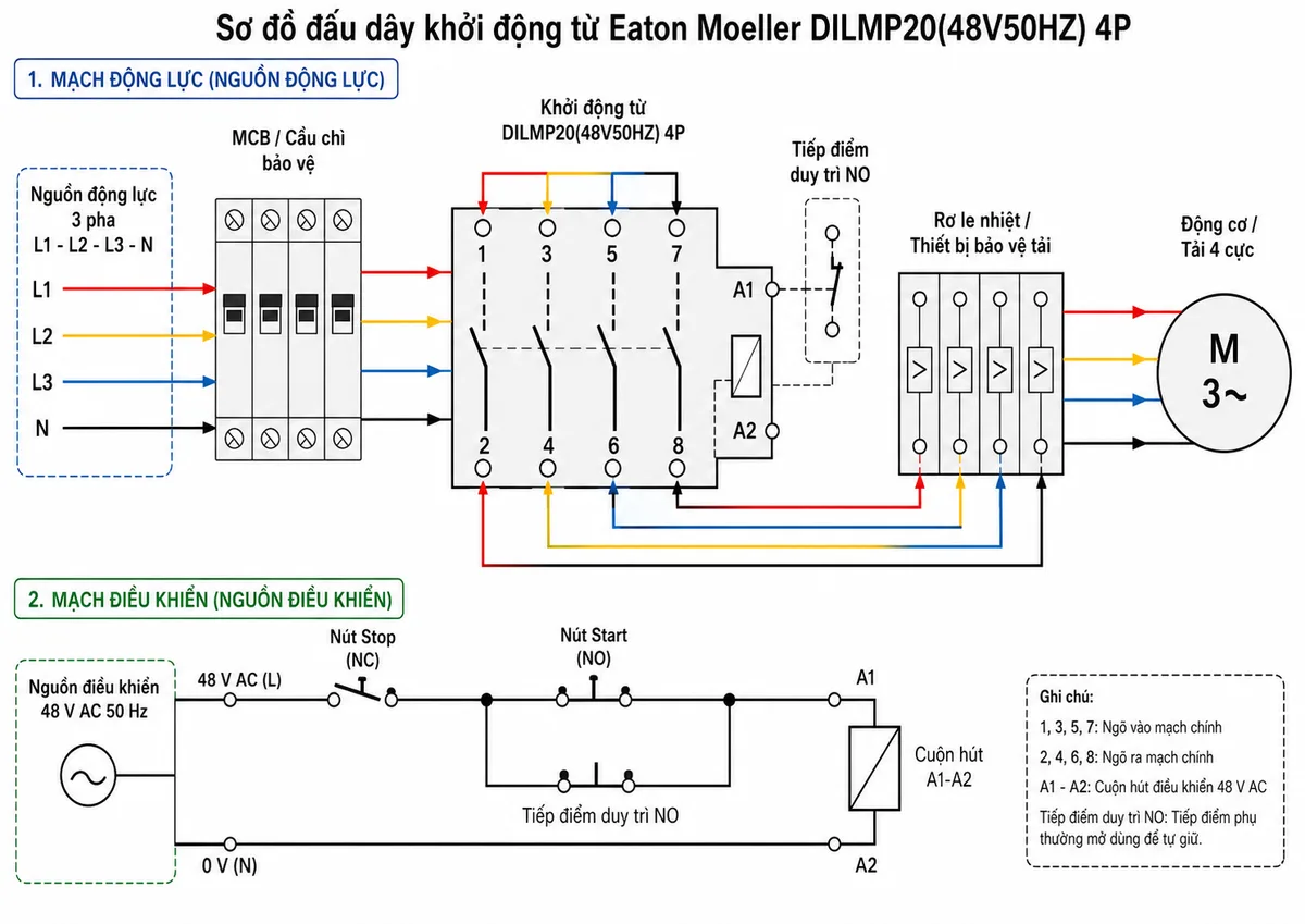 Sơ đồ đấu dây cho Khởi động từ Eaton Moeller 276958 - DILMP20(48V50HZ) 4P, thể hiện nguồn động lực 3 pha L1-L2-L3-N đi qua MCB hoặc cầu chì bảo vệ vào các cực chính 1-3-5-7, đầu ra tải tại 2-4-6-8 đi qua rơ le nhiệt hoặc thiết bị bảo vệ tải đến động cơ hoặc tải 4 cực; thể hiện mạch điều khiển 48 V AC 50 Hz cấp vào cuộn hút A1-A2, nút Stop thường đóng, nút Start thường mở, tiếp điểm duy trì NO, nhãn tiếng Việt cho nguồn động lực, nguồn điều khiển, tải và thiết bị bảo vệ