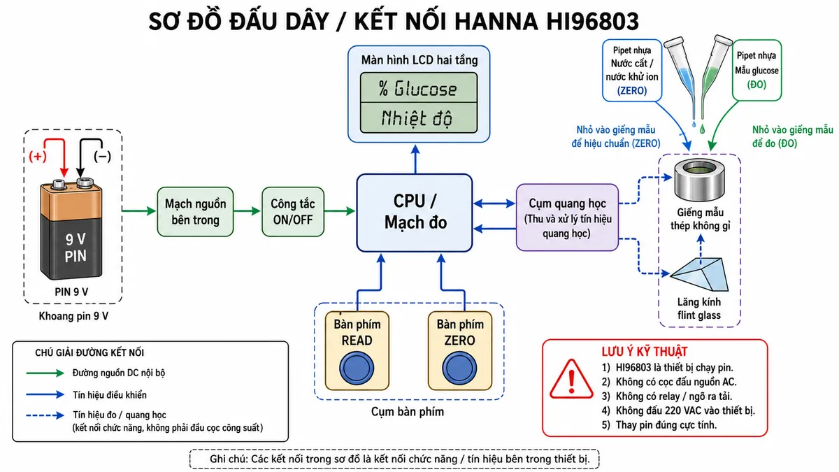 Sơ đồ đấu dây / kết nối chuyên biệt cho Hanna HI96803 trên nền trắng, dạng sơ đồ kỹ thuật ngang. Thể hiện pin 9 V với cực (+) và (−) lắp vào khoang pin → mạch nguồn bên trong → công tắc ON/OFF → CPU/mạch đo → màn hình LCD hai tầng; nhánh bàn phím READ và ZERO vào CPU; giếng mẫu thép không gỉ và lăng kính flint glass nối chức năng đến cụm quang học. Bên ngoài thể hiện pipet nhựa đưa nước cất/nước khử ion vào giếng mẫu để ZERO hoặc đưa mẫu glucose vào để đo. Ghi chú rõ: HI96803 là thiết bị chạy pin, không có cọc đấu nguồn AC, không có relay/ngõ ra tải, không đấu 220 VAC vào thiết bị; thay pin đúng cực tính.