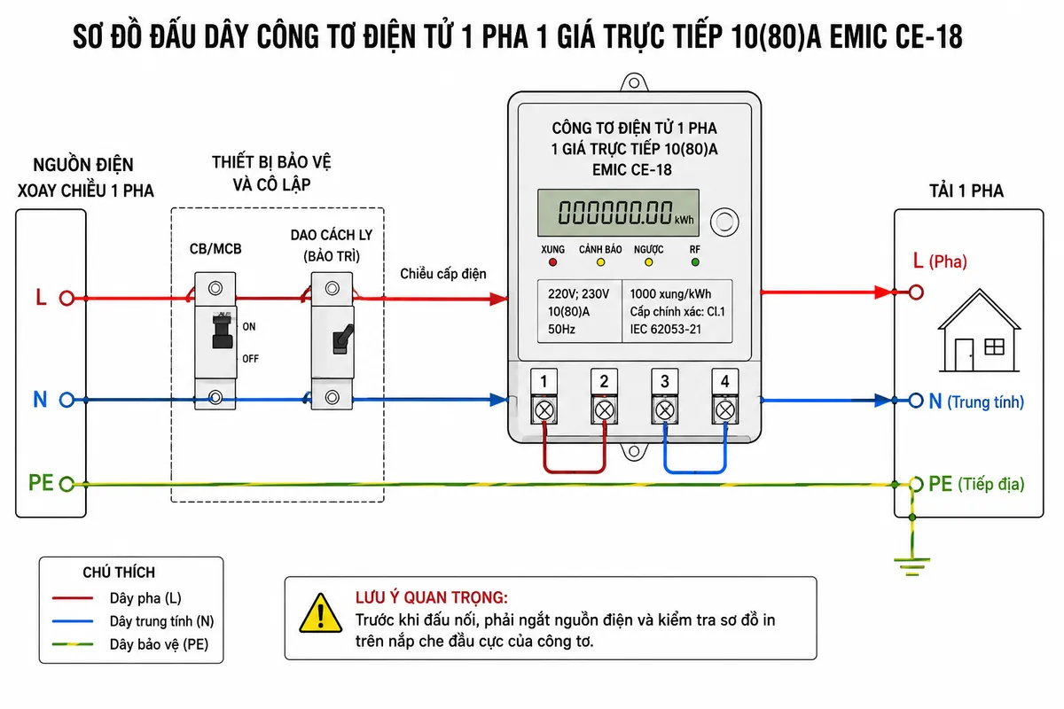 Sơ đồ đấu dây Công Tơ Điện Tử 1 Pha 1 Giá Trực Tiếp 10(80)A EMIC CE-18 trên nền trắng, bố cục ngang: nguồn điện xoay chiều 1 pha gồm L, N và PE ở bên trái; phía nguồn có CB/MCB bảo vệ và thiết bị cô lập để bảo trì; dây pha L sau CB đi vào cực số 1 của CE-18 và từ cực số 2 đi ra tải; dây trung tính N đi vào cực số 3 và từ cực số 4 đi ra tải; dây PE đi thẳng từ hệ thống tiếp địa tới tải, không đi qua công tơ; thể hiện rõ thân công tơ CE-18, các cực 1-2-3-4, nguồn, tải 1 pha và mũi tên chiều cấp điện; ghi chú phải kiểm tra sơ đồ in trên nắp cực của công tơ trước khi đấu nối