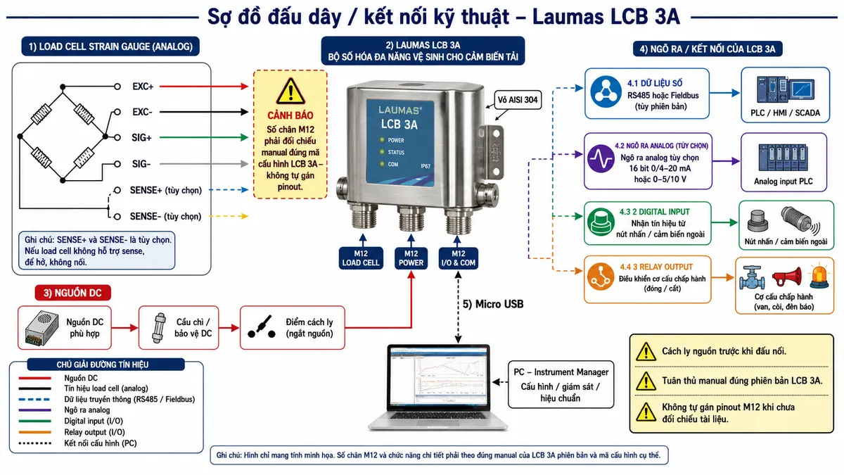 Vẽ sơ đồ đấu dây/kết nối kỹ thuật cho LCB 3A | Bộ số hóa đa năng vệ sinh cho cảm biến tải Laumas LCB 3A trên nền trắng, bố cục ngang. Bên trái là load cell strain gauge analog với các dây EXC+, EXC-, SIG+, SIG-; nếu load cell có SENSE+ và SENSE- thì thể hiện hai đường này là tùy chọn. Cáp cảm biến đi vào khối Laumas LCB 3A ở giữa, vẽ vỏ thép không gỉ AISI 304 và 3 đầu nối M12 vệ sinh IP67. Ghi chú rõ: số chân M12 phải đối chiếu manual đúng mã cấu hình LCB 3A, tuyệt đối không tự gán pinout. Vẽ một nhánh nguồn DC phù hợp của hệ thống đi qua cầu chì hoặc thiết bị bảo vệ DC và điểm cách ly trước khi cấp vào LCB 3A, không tự ghi giá trị điện áp nếu chưa xác nhận từ đúng manual. Bên phải vẽ PLC/HMI/SCADA nhận dữ liệu từ LCB 3A qua RS485 hoặc fieldbus tùy phiên bản. Vẽ nhánh analog tùy chọn 16 bit 0/4–20 mA hoặc 0–5/10 V tới analog input PLC. Thể hiện riêng 2 digital input nhận tín hiệu từ nút nhấn/cảm biến ngoài và 3 relay output điều khiển cơ cấu chấp hành. Bổ sung PC chạy Instrument Manager kết nối qua Micro USB. Có mũi tên phân biệt tín hiệu load cell, nguồn, truyền thông và I/O; ghi chú cách ly nguồn trước khi đấu nối và tuân thủ manual đúng phiên bản LCB 3A.
