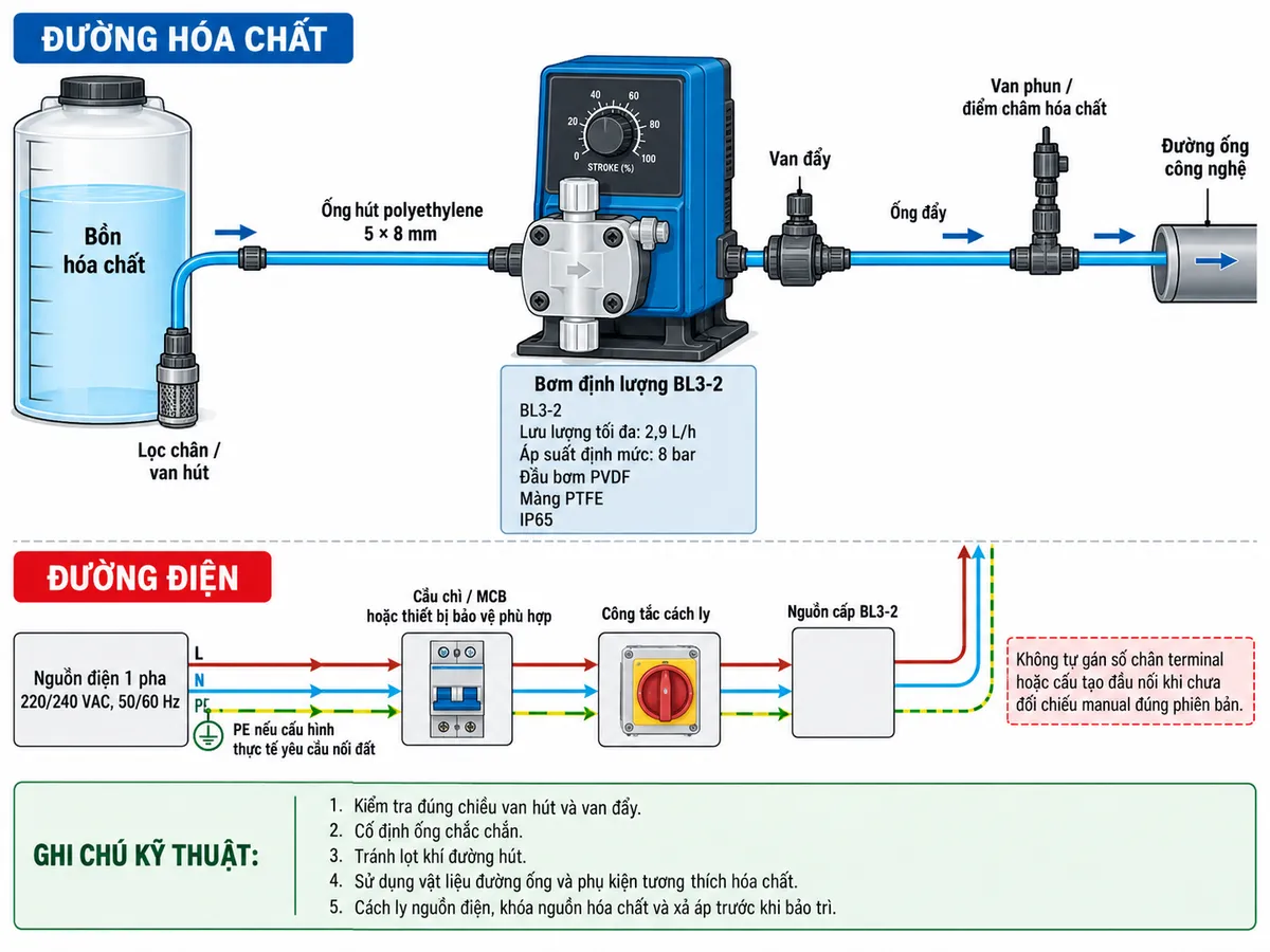 Vẽ sơ đồ đấu dây/kết nối kỹ thuật cho bơm định lượng hóa chất Hanna BlackStone BL3-2 trên nền trắng, bố cục ngang. Bên trái thể hiện “Bồn hóa chất” → “Lọc chân / van hút” → ống hút polyethylene 5 × 8 mm → “Bơm định lượng BL3-2” ở giữa → “Van đẩy” → ống đẩy → “Van phun / điểm châm hóa chất” → “Đường ống công nghệ” ở bên phải. Trên bơm ghi rõ “BL3-2”, “Lưu lượng tối đa: 2,9 L/h”, “Áp suất định mức: 8 bar”, “Đầu bơm PVDF”, “Màng PTFE”, “IP65”. Phía dưới vẽ nguồn điện 1 pha 220/240 VAC, 50/60 Hz với L, N và PE nếu cấu hình thực tế yêu cầu nối đất; nguồn đi qua “Cầu chì / MCB hoặc thiết bị bảo vệ phù hợp” → “Công tắc cách ly” → “Nguồn cấp BL3-2”. Không tự gán số chân terminal hoặc cấu tạo đầu nối khi chưa đối chiếu manual đúng phiên bản. Thể hiện rõ đường điện và đường hóa chất là hai hệ thống riêng. Ghi chú: kiểm tra đúng chiều van hút và van đẩy; cố định ống chắc chắn; tránh lọt khí đường hút; sử dụng vật liệu đường ống và phụ kiện tương thích hóa chất; cách ly nguồn điện, khóa nguồn hóa chất và xả áp trước khi bảo trì.