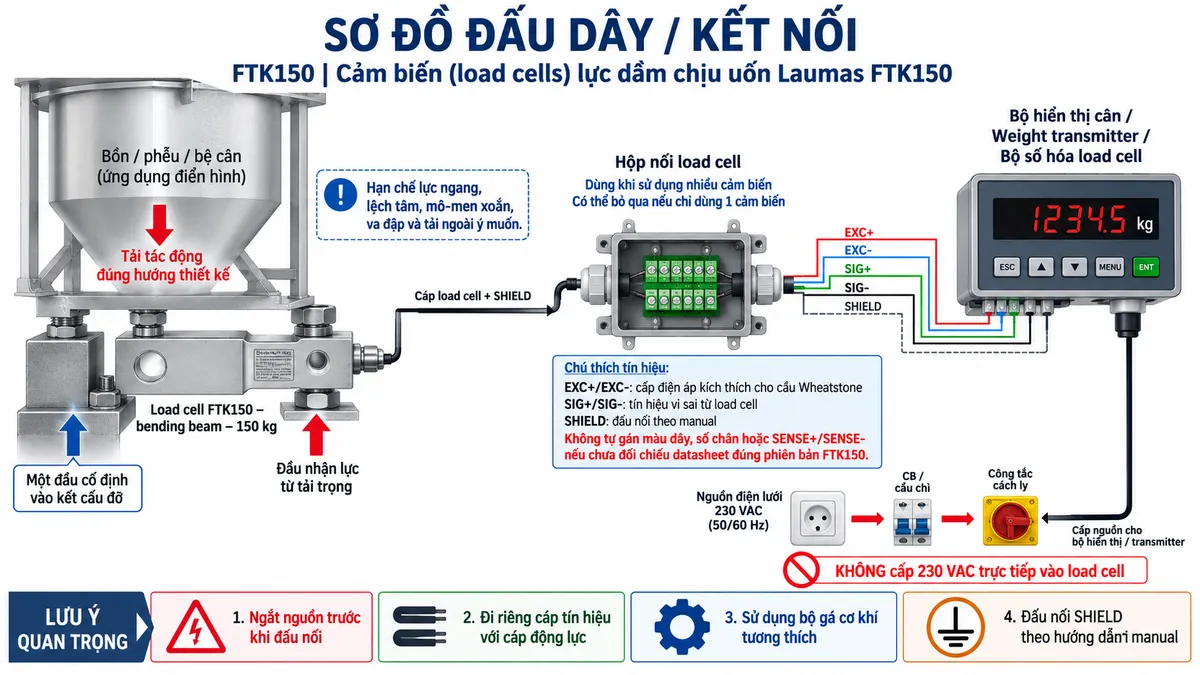 Vẽ sơ đồ đấu dây/kết nối kỹ thuật cho Laumas FTK150 trên nền trắng, bố cục ngang. Bên trái thể hiện bồn, phễu, bệ cân hoặc kết cấu cần cân truyền tải trọng theo phương thiết kế qua bộ gá cơ khí phù hợp tới load cell FTK150 tải danh định 150 kg dạng bending beam ở giữa. Thể hiện một đầu FTK150 được cố định chắc chắn vào kết cấu đỡ, đầu còn lại tiếp nhận tải theo đúng hướng; chú thích hạn chế lực ngang, lệch tâm, mô-men xoắn, va đập và tải ngoài ý muốn. Từ FTK150 vẽ cáp load cell có SHIELD tới hộp nối load cell khi sử dụng nhiều cảm biến, sau đó tới bộ hiển thị cân, weight transmitter hoặc bộ số hóa load cell. Thể hiện các đường chức năng EXC+/EXC- từ thiết bị điện tử cân cấp điện áp kích thích cho cầu Wheatstone và SIG+/SIG- truyền tín hiệu vi sai từ load cell về thiết bị đọc; SHIELD đấu theo manual. Không tự gán màu dây, số chân hoặc SENSE+/SENSE- nếu chưa đối chiếu datasheet đúng phiên bản FTK150. Nguồn điện lưới chỉ cấp cho bộ hiển thị hoặc transmitter qua CB hoặc cầu chì và công tắc cách ly phù hợp; ghi rõ tuyệt đối không cấp 230 VAC trực tiếp vào load cell. Bổ sung lưu ý ngắt nguồn trước khi đấu nối, đi riêng cáp tín hiệu với cáp động lực và sử dụng bộ gá cơ khí tương thích.