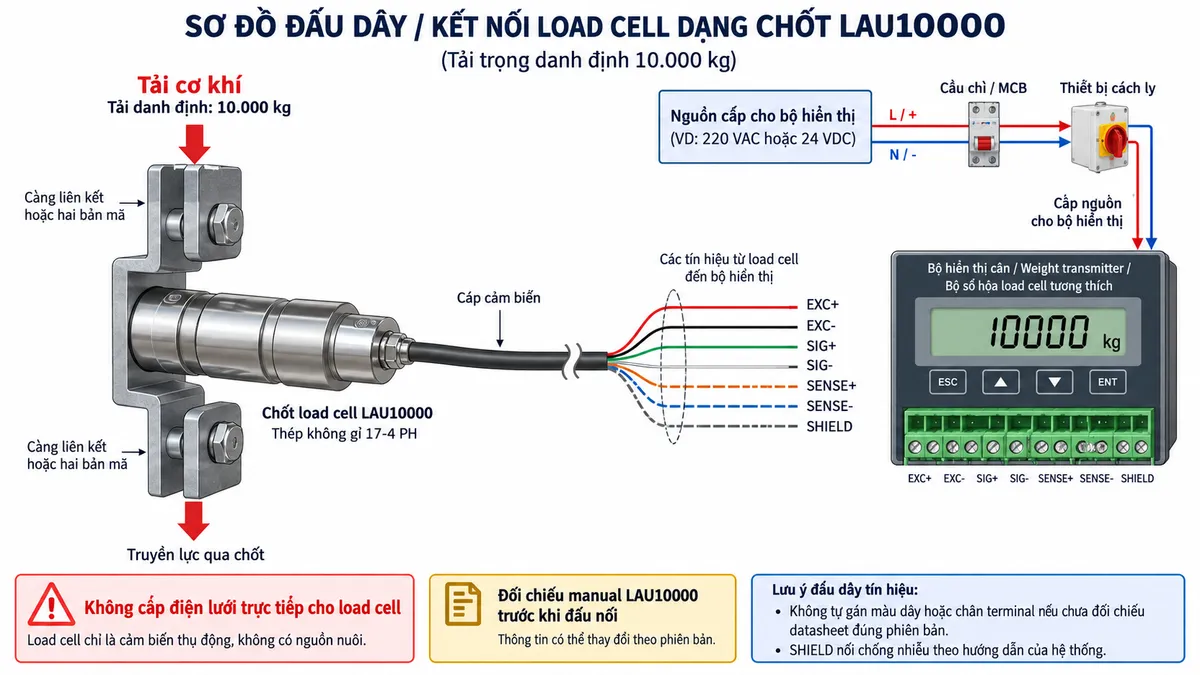 Vẽ sơ đồ đấu dây/kết nối kỹ thuật cho cảm biến lực dạng chốt Laumas LAU10000 trên nền trắng, bố cục ngang. Bên trái thể hiện tải cơ khí truyền qua càng liên kết hoặc hai bản mã vào chốt load cell LAU10000 tải danh định 10.000 kg; ở giữa thể hiện cảm biến dạng chốt bằng thép không gỉ 17-4 PH và cáp cảm biến đi sang thiết bị điện tử cân. Bên phải là bộ hiển thị cân, weight transmitter hoặc bộ số hóa load cell tương thích. Thể hiện rõ các nhóm kết nối EXC+/EXC- cấp điện áp kích thích từ bộ điện tử tới cầu đo, SIG+/SIG- truyền tín hiệu vi sai từ load cell về bộ điện tử, SENSE+/SENSE- nếu cấu hình cảm biến và thiết bị đọc hỗ trợ đường sense/reference, cùng SHIELD chống nhiễu; không tự gán màu dây hoặc chân terminal nếu chưa đối chiếu datasheet đúng phiên bản. Vẽ nguồn cấp riêng cho bộ hiển thị hoặc transmitter đi qua cầu chì/MCB hoặc thiết bị bảo vệ phù hợp và điểm cách ly trước khi vào thiết bị; ghi chú rõ “Không cấp điện lưới trực tiếp cho load cell” và “Đối chiếu manual LAU10000 trước khi đấu nối”.