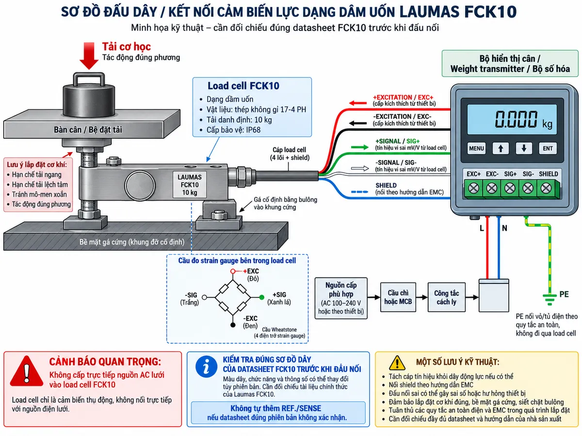 Vẽ sơ đồ đấu dây/kết nối kỹ thuật cho cảm biến lực dạng dầm uốn Laumas FCK10 trên nền trắng, bố cục ngang. Bên trái thể hiện bàn cân hoặc cơ cấu nhận tải truyền lực đúng phương xuống đầu nhận tải của FCK10; đầu còn lại của dầm được bắt chắc lên bề mặt gá cứng, có chú thích hạn chế tải ngang, tải lệch tâm và mô-men xoắn. Ở giữa vẽ load cell FCK10 dạng dầm uốn và cáp tín hiệu đi sang bộ hiển thị cân, weight transmitter hoặc bộ số hóa ở bên phải. Thể hiện theo cấu hình cáp 4 lõi của datasheet: +EXCITATION/EXC+ màu đỏ từ thiết bị điện tử cân tới load cell, -EXCITATION/EXC- màu đen từ thiết bị tới load cell, +SIGNAL/SIG+ màu xanh lá từ load cell về thiết bị, -SIGNAL/SIG- màu trắng từ load cell về thiết bị và SHIELD nối theo hướng dẫn EMC. Không tự thêm REF./SENSE nếu tài liệu đúng phiên bản không xác nhận. Vẽ riêng nguồn cấp phù hợp cho bộ hiển thị cân hoặc weight transmitter qua cầu chì hoặc MCB và công tắc cách ly; PE nối vỏ/tủ điện theo quy tắc an toàn, không đi qua load cell. Ghi chú rõ load cell không được cấp trực tiếp nguồn AC lưới và phải kiểm tra đúng sơ đồ dây của datasheet FCK10 trước khi đấu nối.