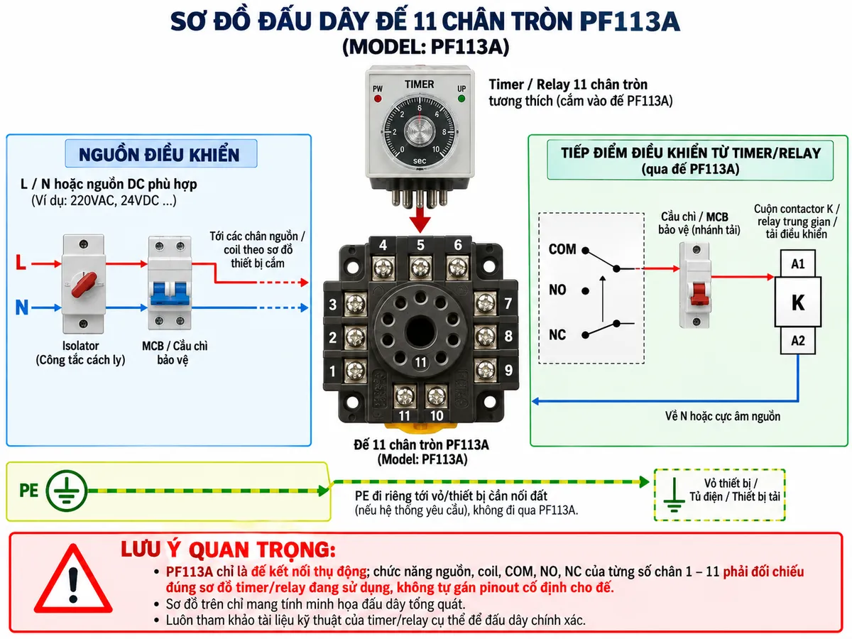 Vẽ sơ đồ đấu dây kỹ thuật cho đế 11 chân tròn PF113A trên nền trắng, bố cục ngang. Ở giữa thể hiện rõ socket PF113A với 11 vị trí chân tròn và các cọc vít terminal được đánh số 1-11 theo ký hiệu trên đế; phía trên là một timer hoặc relay 11 chân tròn tương thích cắm vào socket. Bên trái thể hiện nguồn điều khiển L-N hoặc nguồn DC phù hợp đi qua isolator và MCB/cầu chì bảo vệ rồi cấp tới các terminal tương ứng với nguồn hoặc coil theo sơ đồ của thiết bị cắm. Bên phải thể hiện các tiếp điểm COM, NO, NC của timer/relay đi qua PF113A để điều khiển cuộn contactor, relay trung gian hoặc tải điều khiển có bảo vệ phù hợp. Vẽ PE đi riêng tới vỏ hoặc thiết bị cần nối đất, không đi qua PF113A. Ghi chú rõ: PF113A chỉ là đế kết nối thụ động; chức năng nguồn, coil, COM, NO, NC của từng chân 1-11 phải đối chiếu đúng sơ đồ của timer/relay đang sử dụng, không tự gán pinout cố định cho đế.