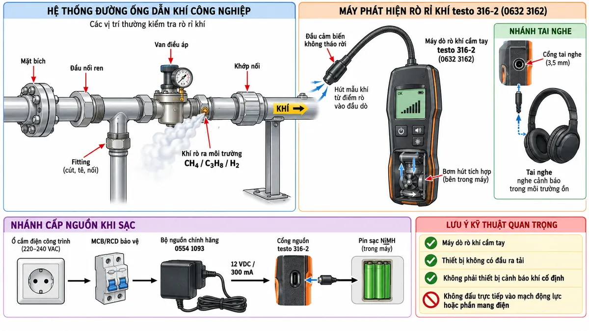 Vẽ sơ đồ kết nối kỹ thuật cho Máy phát hiện rò rỉ khí testo 316-2 mã 0632 3162 trên nền trắng, bố cục ngang. Bên trái thể hiện hệ thống đường ống dẫn khí với các vị trí thường kiểm tra gồm mặt bích, đầu nối ren, fitting, van điều áp và khớp nối; minh họa một điểm rò phát tán khí CH4, C3H8 hoặc H2 ra không khí. Ở giữa vẽ testo 316-2 cầm tay với đầu cảm biến tích hợp, trục đầu dò cổ ngỗng linh hoạt hướng sát vị trí nghi rò, ghi rõ đầu cảm biến không tháo rời. Thể hiện bơm hút tích hợp bên trong máy. Phía dưới vẽ nhánh cấp nguồn khi sạc: ổ cắm điện công trình → MCB/RCD bảo vệ phù hợp → bộ nguồn chính hãng 0554 1093 → đầu ra 12 VDC/300 mA → cổng nguồn testo 316-2 → pin sạc NiMH. Vẽ thêm cổng tai nghe nối tới tai nghe để nghe cảnh báo trong môi trường ồn. Ghi chú thiết bị không có đầu ra tải và không đấu trực tiếp vào mạch động lực hoặc các phần mang điện; đây là máy dò rò khí cầm tay, không phải thiết bị cảnh báo khí cố định.