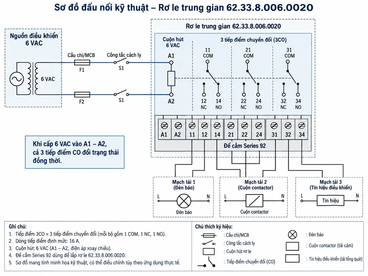 Sơ đồ đấu nối kỹ thuật Finder 62.33.8.006.0020 với cuộn hút 6 VAC, ba bộ tiếp điểm CO và đế cắm Series 92