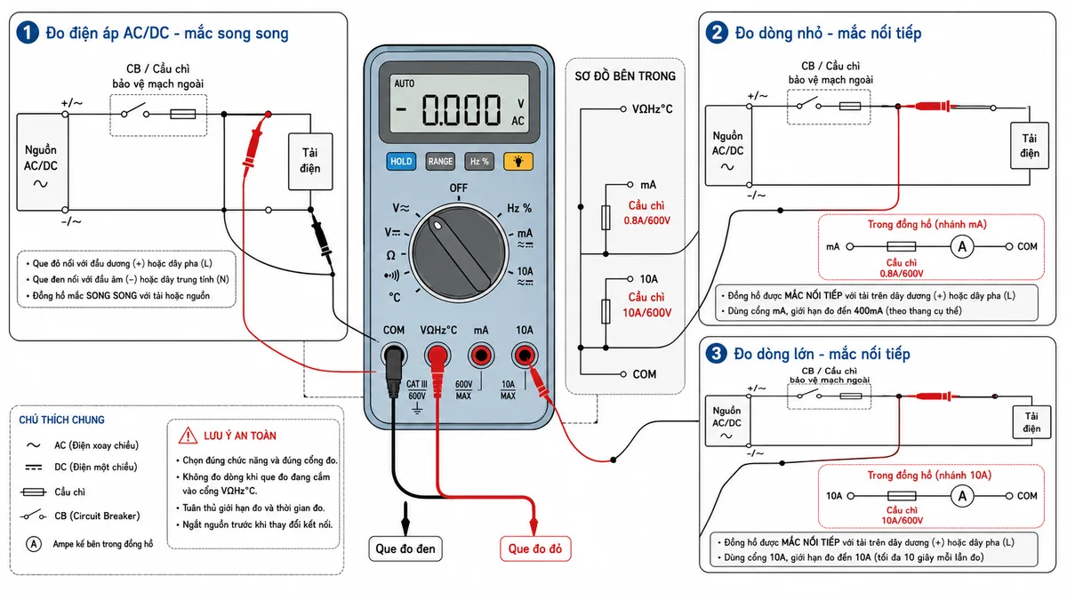 Sơ đồ đấu dây/kết nối cho KYORITSU KEW 1011: thể hiện đồng hồ ở giữa với các cổng COM, VΩHz°C, mA và 10A; que đo đen vào COM, que đo đỏ lần lượt vào VΩHz°C khi đo điện áp song song với tải, vào mA hoặc 10A khi đo dòng nối tiếp với tải; thể hiện nguồn AC/DC, tải điện, cầu chì hoặc CB bảo vệ mạch ngoài, cầu chì bảo vệ bên trong đồng hồ 0.8A/600V cho nhánh mA và 10A/600V cho nhánh 10A; nền trắng, phong cách sơ đồ kỹ thuật điện công nghiệp rõ ràng.