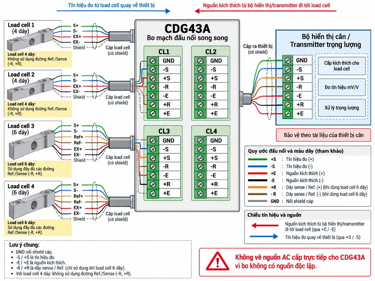 Sơ đồ đấu dây/kết nối kỹ thuật Laumas CDG43A trên nền trắng, bố cục ngang, chú thích tiếng Việt. Đặt hộp nối CDG43A ở trung tâm với 4 nhóm đầu vào CL1, CL2, CL3, CL4; mỗi nhóm thể hiện đúng các cực GND, -S, +S, -R, -E, +R, +E. Bên trái bố trí tối đa 4 load cell strain-gauge và minh họa cả trường hợp load cell 4 dây gồm EX-/EX+/S-/S+ cùng shield, và load cell 6 dây có thêm hai dây Ref./Sense. Bên phải là cáp ra chung nối tới bộ hiển thị cân hoặc transmitter trọng lượng với các cực GND, -S, +S, -R, -E, +R, +E. Thể hiện rõ +E/-E là nguồn kích thích từ bộ hiển thị/transmitter đi tới load cell, +S/-S là tín hiệu đo quay về thiết bị, +R/-R là dây sense khi sử dụng cấu hình 6 dây, GND nối shield cáp. Không vẽ nguồn AC cấp trực tiếp cho CDG43A vì bo không có nguồn độc lập; phần bảo vệ nguồn của bộ hiển thị/transmitter ghi “bảo vệ theo tài liệu của thiết bị cân”, không tự gán cầu chì/MCB cho bo CDG43A khi Laumas không công bố trong sơ đồ đấu nối.