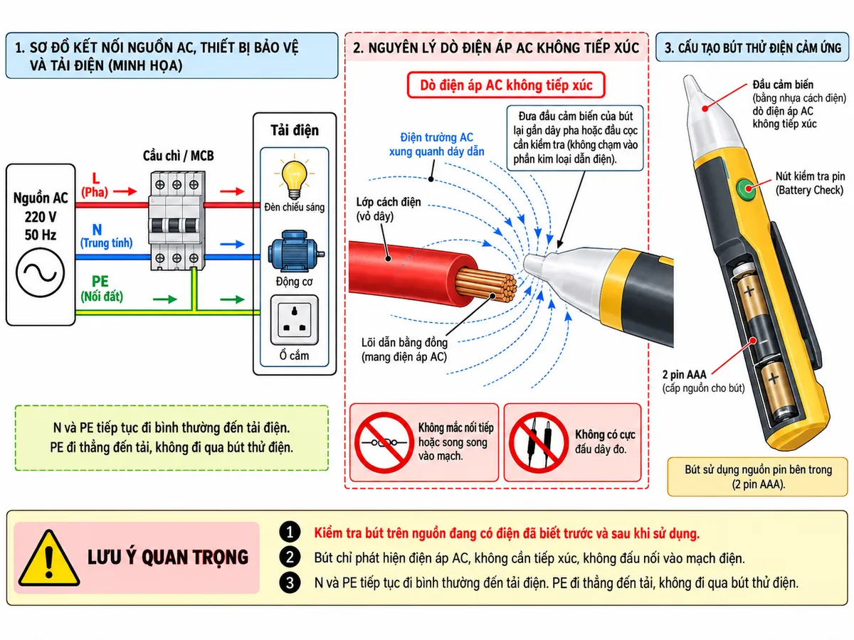 Sơ đồ kết nối kỹ thuật của Bút thử điện cảm ứng FLUKE 2AC trên nền trắng, bố cục ngang, chú thích tiếng Việt. Bên trái thể hiện nguồn AC với các dây L-N-PE đi qua cầu chì hoặc MCB rồi cấp tới tải điện; dùng mũi tên chỉ chiều cấp nguồn từ nguồn qua thiết bị bảo vệ đến tải. Ở giữa phóng to dây pha L có lớp cách điện, đặt đầu cảm biến của FLUKE 2AC đến gần dây pha hoặc đầu cực đang kiểm tra nhưng không chạm vào lõi dẫn điện. Ghi rõ “Dò điện áp AC không tiếp xúc”, “Không mắc nối tiếp hoặc song song vào mạch” và “Không có cực đấu dây đo”. Bên phải thể hiện thân bút sử dụng 2 pin AAA bên trong và chức năng Battery Check. Dây N và PE tiếp tục đi đúng đường tới tải, PE không đi qua bút dò. Bổ sung ghi chú “Kiểm tra bút trên nguồn đang có điện đã biết trước và sau khi sử dụng”.