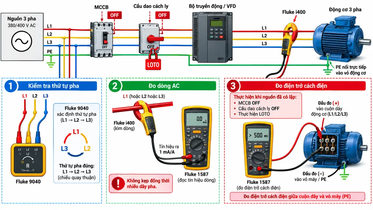 Sơ đồ đấu dây/kết nối kỹ thuật của Combo FLUKE 1587/MDT trên nền trắng, bố cục ngang. Bên trái là nguồn 3 pha L1-L2-L3-PE đi qua MCCB và cầu dao cách ly tới bộ truyền động/VFD rồi động cơ 3 pha. Thể hiện ba nhánh kiểm tra riêng: nhánh 1 Fluke 9040 với ba đầu đo nối lần lượt L1, L2, L3 để xác định thứ tự pha; nhánh 2 Fluke i400 kẹp quanh duy nhất một dây pha ở phía tải, đầu ra 1 mA/A của i400 nối tới Fluke 1587 để đọc dòng, ghi chú không kẹp đồng thời các dây pha có dòng ngược chiều; nhánh 3 Fluke 1587 đo điện trở cách điện khi MCCB đã ngắt và cầu dao cách ly đã mở, có ký hiệu LOTO, một đầu đo nối cuộn dây hoặc cáp động cơ và đầu còn lại nối vỏ máy/PE. Thể hiện điện áp thử 50/100/250/500/1000 V, PE đi trực tiếp tới vỏ động cơ và không đi qua đồng hồ, mũi tên luồng đo rõ ràng, chú thích tiếng Việt, phong cách điện công nghiệp.