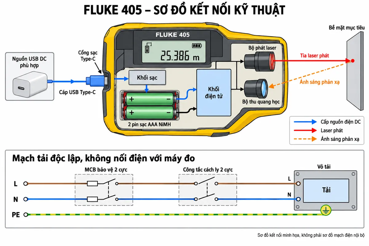 Sơ đồ kết nối kỹ thuật của máy đo khoảng cách laser FLUKE 405, nền trắng, bố cục nằm ngang, nhãn tiếng Việt. Ở giữa là máy FLUKE 405, bên trong thể hiện nguồn 2 pin sạc AAA NiMH với ký hiệu cực dương và cực âm cấp điện cho khối điện tử. Một nhánh nguồn USB DC phù hợp nối qua cáp USB Type-C tới cổng sạc Type-C của máy; không tự gán số chân cổng hoặc thông số nguồn sạc chưa được công bố. Phía trước máy là bề mặt mục tiêu, có đường laser phát tới mục tiêu và đường ánh sáng phản xạ trở về bộ thu. Một vùng riêng thể hiện mạch tải điện minh họa: nguồn L và N qua MCB bảo vệ hai cực, công tắc cách ly hai cực rồi tới tải; PE nối trực tiếp vỏ tải. Ghi rõ “Mạch tải độc lập, không nối điện với máy đo”. Không nối L, N hoặc PE vào FLUKE 405. Phân biệt mũi tên cấp nguồn điện và đường truyền ánh sáng.