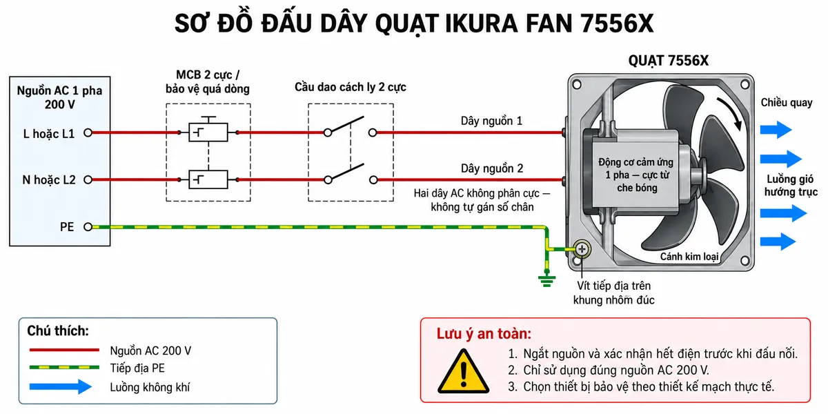 Sơ đồ đấu dây quạt hút IKURA FAN 7556X trên nền trắng, bố cục ngang và nhãn tiếng Việt. Bên trái thể hiện nguồn AC một pha 200V gồm hai dây nguồn L–N hoặc L1–L2 tùy hệ thống cấp điện và dây PE. Hai dây nguồn đi qua MCB hai cực hoặc thiết bị bảo vệ quá dòng phù hợp, sau đó qua cầu dao cách ly hai cực. Từ đầu ra cầu dao, nối tới Dây nguồn 1 và Dây nguồn 2 của quạt 7556X; ghi rõ hai dây AC không phân cực và không tự gán số chân. Dây PE đi riêng, không qua MCB hoặc cầu dao, nối trực tiếp tới vít tiếp địa trên khung nhôm đúc. Bên phải thể hiện tải là động cơ cảm ứng một pha kiểu cực từ che bóng dẫn động cánh kim loại, kèm mũi tên chiều quay và luồng gió hướng trục. Phân biệt đường nguồn AC, đường tiếp địa và luồng không khí; ghi chú ngắt và xác nhận hết điện trước khi đấu nối, sử dụng đúng nguồn 200V và chọn bảo vệ theo thiết kế mạch thực tế.