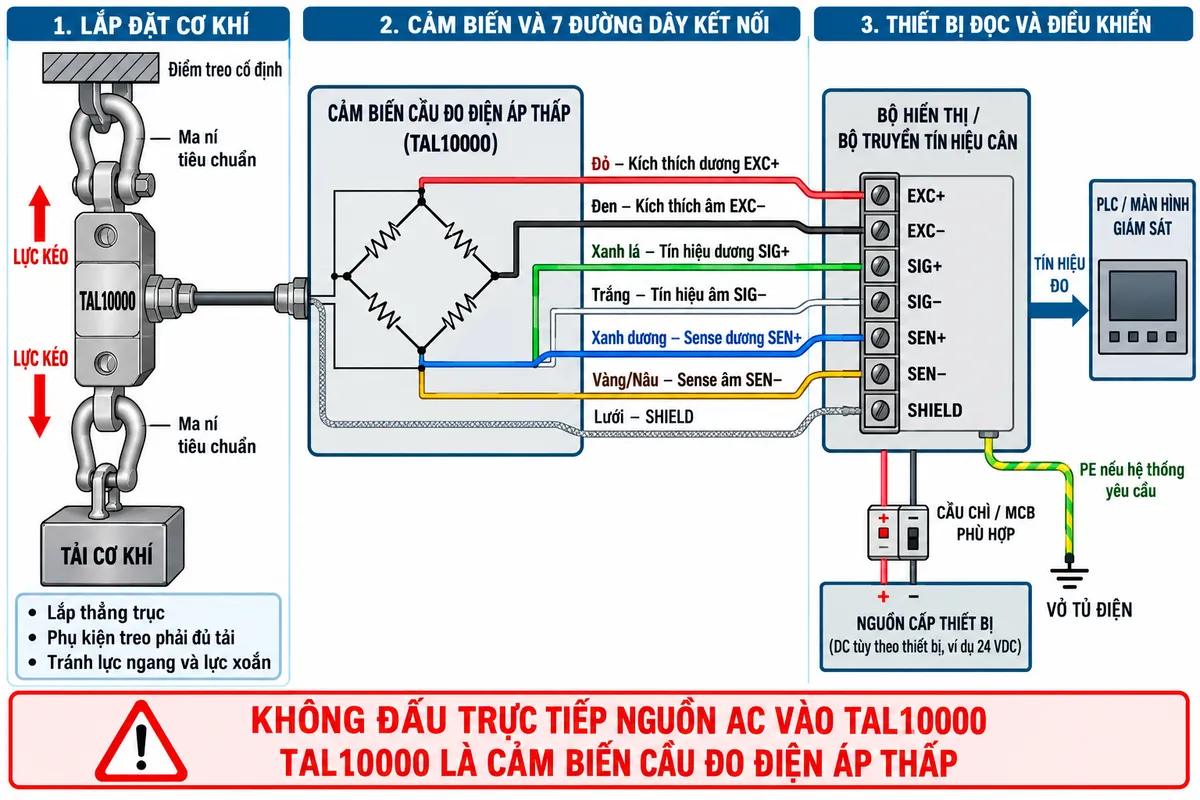 Vẽ sơ đồ đấu dây và kết nối cảm biến lực căng Laumas TAL10000 trên nền trắng, bố cục ngang, nhãn hoàn toàn bằng tiếng Việt. Bên trái thể hiện điểm treo cố định, hai ma ní tiêu chuẩn và TAL10000 lắp thẳng trục với tải kéo cơ khí tối đa theo thiết kế, có hai mũi tên lực kéo ngược chiều. Ở giữa thể hiện cầu Wheatstone sáu dây của load cell: kích thích dương màu đỏ nối EXC+, kích thích âm màu đen nối EXC−, tín hiệu dương màu xanh lá nối SIG+, tín hiệu âm màu trắng nối SIG−, sense dương màu xanh dương nối SEN+, sense âm màu vàng hoặc nâu nối SEN− và dây lưới nối SHIELD theo hướng dẫn của thiết bị đọc. Bên phải là bộ hiển thị hoặc bộ truyền tín hiệu cân Laumas, nhận sáu dây từ cảm biến và xuất tín hiệu về PLC hoặc màn hình giám sát. Nguồn của bộ hiển thị đi qua cầu chì hoặc MCB bảo vệ phù hợp theo tài liệu của thiết bị; PE nối vỏ tủ điện nếu hệ thống có yêu cầu. Ghi chú rõ TAL10000 là cảm biến cầu đo điện áp thấp, không đấu trực tiếp nguồn AC vào load cell; phụ kiện treo phải đủ tải và tránh lực ngang, lực xoắn.