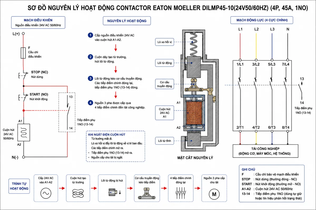 Sơ đồ nguyên lý hoạt động của contactor Eaton Moeller DILMP45-10(24V50/60HZ) thể hiện nguồn điều khiển 24V AC 50/60Hz cấp vào cuộn hút A1-A2, khối nam châm điện, lõi từ động, cơ cấu truyền động, bốn tiếp điểm chính, tiếp điểm phụ 1NO, tải công nghiệp và các mũi tên biểu diễn trình tự từ cấp điện điều khiển đến đóng tiếp điểm rồi cấp nguồn cho tải, nền trắng phong cách sơ đồ kỹ thuật