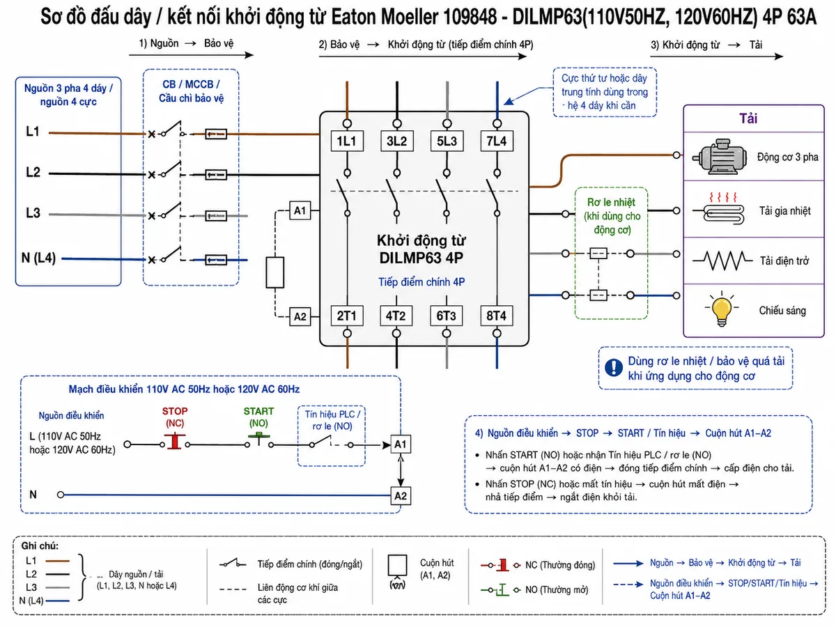 Sơ đồ nguyên lý hoạt động khởi động từ Eaton Moeller 109848 DILMP63(110V50HZ,120V60HZ): thể hiện các khối chức năng gồm nguồn điều khiển 110V AC 50Hz hoặc 120V AC 60Hz, nút STOP thường đóng, nút START thường mở hoặc tín hiệu PLC/rơ le, cuộn hút A1-A2, mạch từ/lõi hút, lò xo hồi vị, cụm tiếp điểm chính 4NO/4P, khối bảo vệ CB/MCCB/cầu chì/rơ le nhiệt và tải đầu ra; dùng mũi tên mô tả luồng tín hiệu điều khiển làm cuộn hút hút lõi từ, đóng tiếp điểm chính cấp điện cho tải, khi mất điện cuộn hút thì lò xo hồi vị mở tiếp điểm và ngắt tải; phong cách infographic kỹ thuật sạch, dễ hiểu, nền trắng