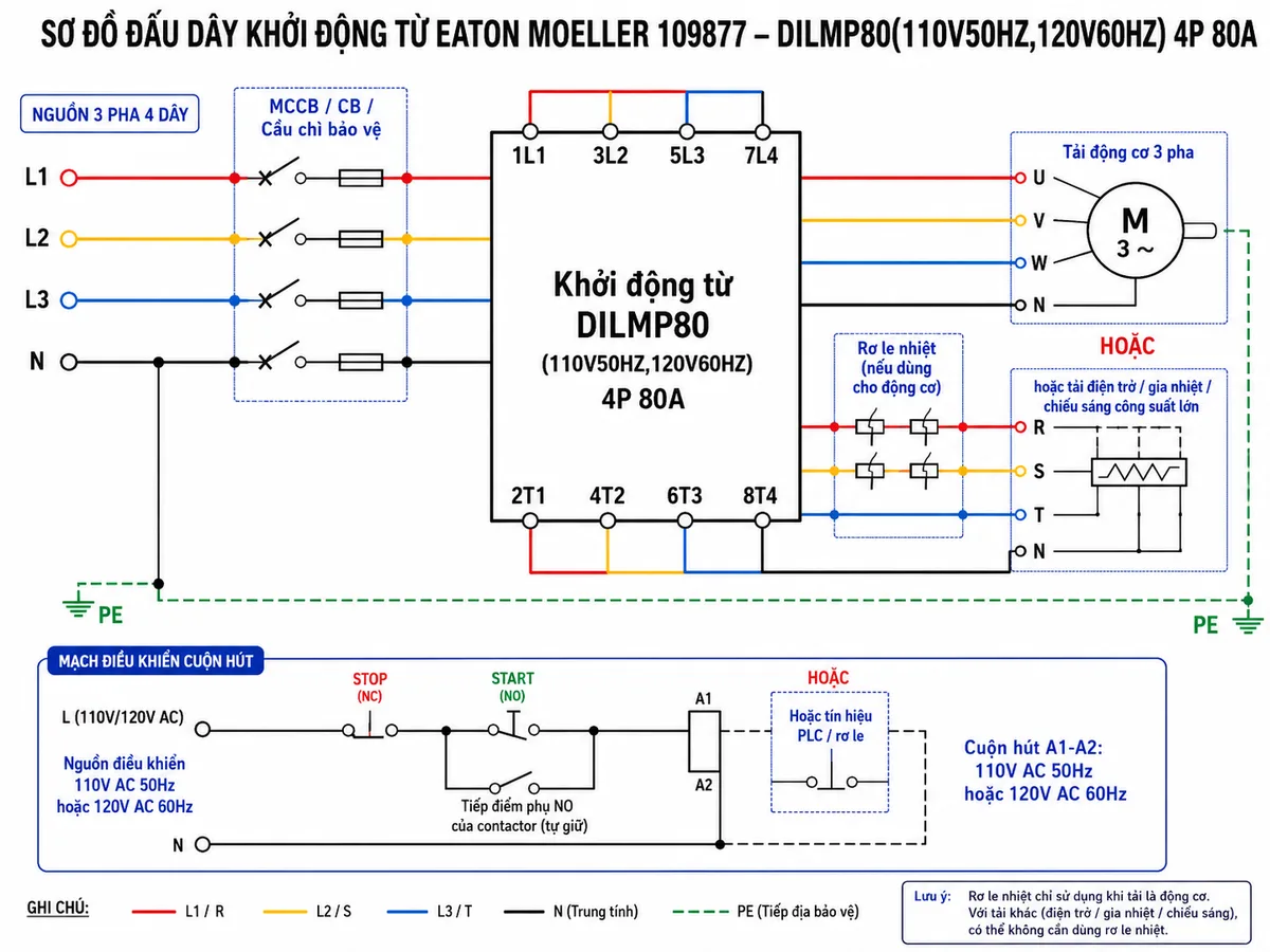 Sơ đồ nguyên lý hoạt động khởi động từ Eaton Moeller 109877 DILMP80(110V50HZ,120V60HZ); thể hiện các khối chức năng gồm nguồn điều khiển 110V AC 50Hz hoặc 120V AC 60Hz, nút STOP thường đóng, nút START thường mở hoặc tín hiệu PLC/rơ le, cuộn hút A1-A2, mạch từ/lõi hút, lò xo hồi vị, cụm tiếp điểm chính 4NO/4P, khối bảo vệ MCCB/CB/cầu chì/rơ le nhiệt và tải đầu ra; dùng mũi tên mô tả luồng tín hiệu điều khiển làm cuộn hút hút lõi từ, đóng tiếp điểm chính cấp điện cho tải, khi mất điện cuộn hút thì lò xo hồi vị mở tiếp điểm và ngắt tải