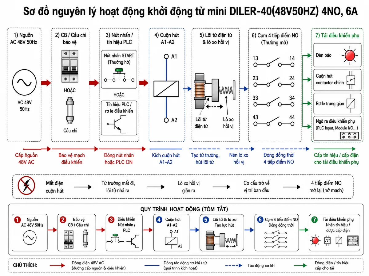 Sơ đồ nguyên lý hoạt động khởi động từ mini Eaton Moeller 010190 DILER-40(48V50HZ): thể hiện các khối chức năng gồm nguồn AC 48V 50Hz, mạch bảo vệ CB/cầu chì, nút nhấn hoặc tín hiệu PLC, cuộn hút A1-A2, lõi từ điện từ, lò xo hồi vị, cụm 4 tiếp điểm NO, tải điều khiển phụ; dùng mũi tên mô tả quá trình cấp nguồn cho cuộn hút, hút lõi từ, đóng 4 tiếp điểm NO, truyền tín hiệu điều khiển và tự hồi về khi mất điện; phong cách sơ đồ điện công nghiệp nền trắng, rõ ràng, chú thích tiếng Việt.