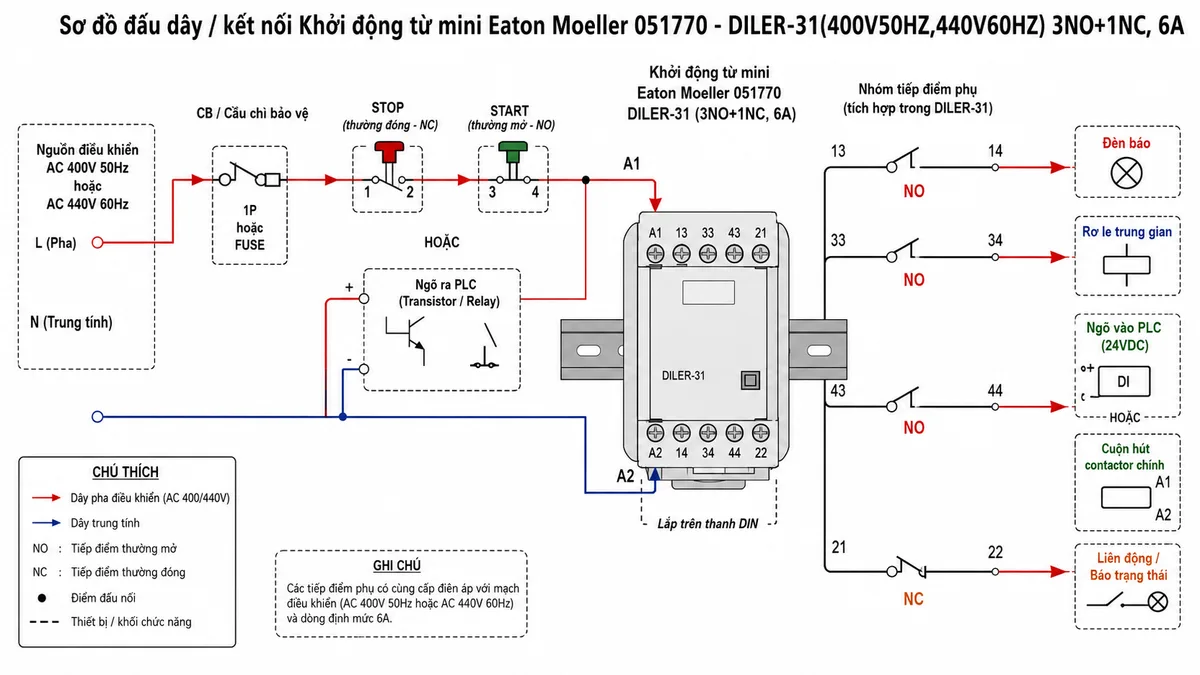 Sơ đồ nguyên lý hoạt động của khởi động từ mini Eaton Moeller 051770 DILER-31(400V50HZ,440V60HZ) 3NO+1NC; thể hiện các khối chức năng gồm nguồn AC 400V 50Hz hoặc AC 440V 60Hz, CB hoặc cầu chì bảo vệ, tín hiệu START/STOP hoặc PLC, cuộn hút A1-A2, lõi từ điện từ, lò xo hồi vị, cụm tiếp điểm NO 13-14, 33-34, 43-44 và tiếp điểm NC 21-22; dùng mũi tên mô tả luồng hoạt động từ cấp điện cho cuộn hút, tạo từ trường, hút lõi từ, đóng NO, mở NC, truyền tín hiệu đến đèn báo, rơ le trung gian, PLC và contactor chính, sau đó tự hồi về khi mất điện.