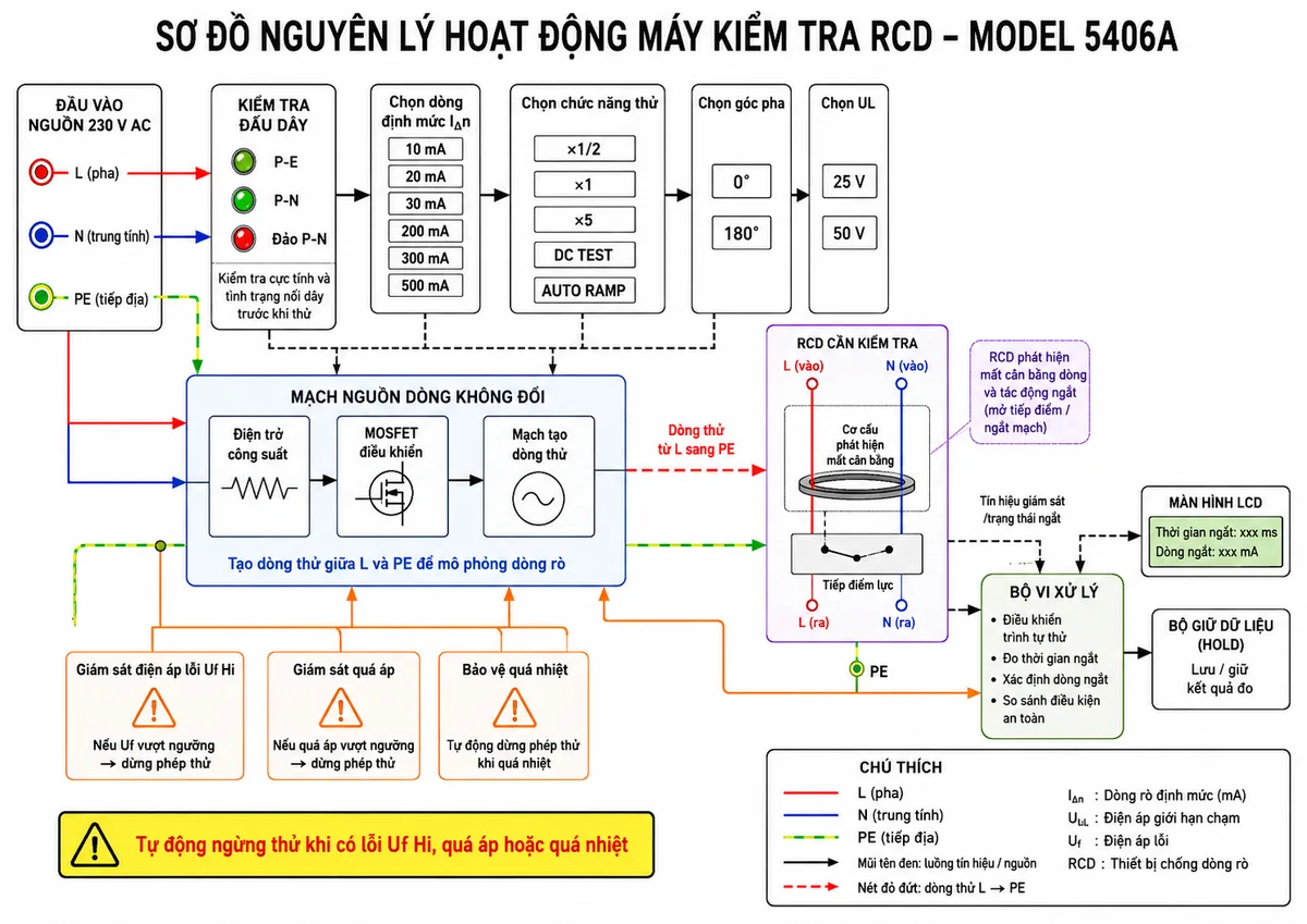 Vẽ sơ đồ nguyên lý hoạt động của máy kiểm tra RCD KYORITSU 5406A trên nền trắng và dùng nhãn tiếng Việt; thể hiện đầu vào nguồn 230 V AC từ các cực L, N, PE đi vào khối kiểm tra đấu dây bằng ba LED P-E, P-N và đảo P-N; tiếp theo là khối chọn dòng định mức IΔn 10/20/30/200/300/500 mA, khối chọn chức năng ×1/2, ×1, ×5, DC TEST và AUTO RAMP, khối chọn góc pha 0° hoặc 180° và khối chọn UL 25 V hoặc 50 V; từ đó đi đến mạch nguồn dòng không đổi gồm điện trở công suất và MOSFET để phát dòng thử từ L sang PE; thể hiện RCD phát hiện mất cân bằng và mở tiếp điểm; bộ vi xử lý đo thời gian ngắt hoặc xác định dòng ngắt, sau đó đưa kết quả ms hoặc mA đến màn hình LCD và bộ giữ dữ liệu; bổ sung nhánh giám sát điện áp lỗi Uf Hi, giám sát quá áp và bảo vệ quá nhiệt tự động dừng phép thử; dùng mũi tên thể hiện rõ toàn bộ luồng tín hiệu và dòng thử.