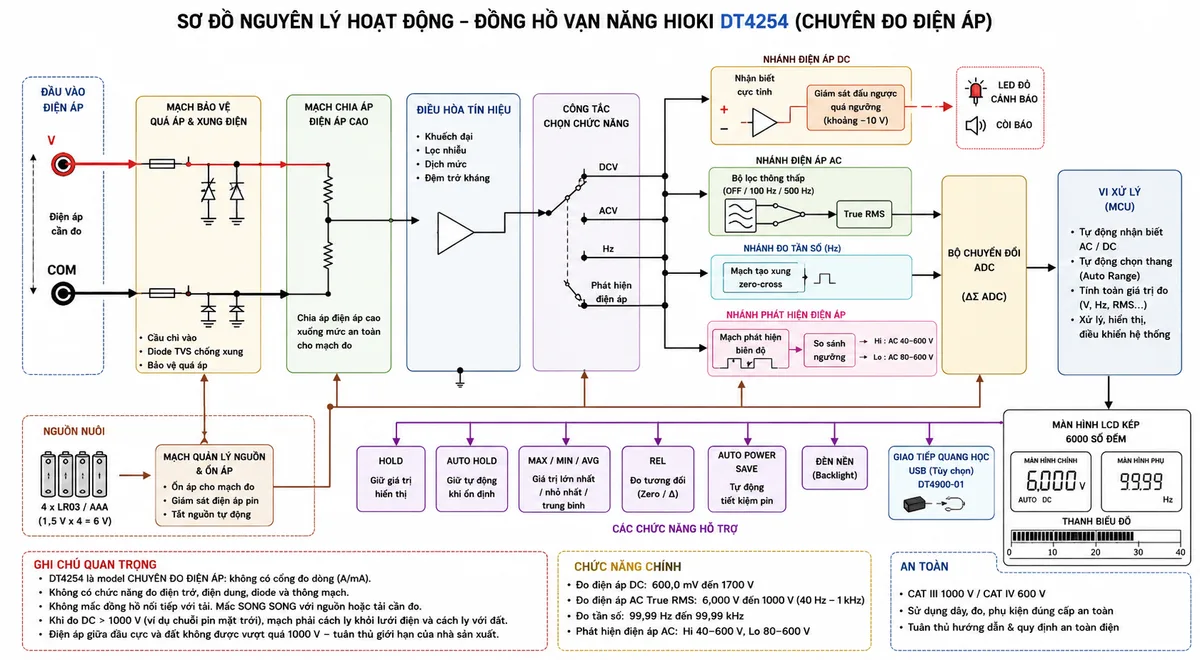 Vẽ sơ đồ nguyên lý hoạt động dạng khối của Đồng hồ vạn năng HIOKI DT4254, nền trắng, bố cục ngang, phong cách kỹ thuật điện công nghiệp, nhãn tiếng Việt. Luồng chính bắt đầu từ cổng V và COM đi qua mạch bảo vệ quá áp và xung điện, mạch chia áp điện áp cao, điều hòa tín hiệu và công tắc chọn chức năng. Từ đây phân thành nhánh điện áp DC gồm nhận biết cực tính và cảnh báo đấu ngược bằng LED đỏ cùng còi; nhánh điện áp AC gồm bộ lọc thông thấp lựa chọn, khối tính True RMS; nhánh đo tần số và nhánh phát hiện điện áp. Các tín hiệu nhập vào bộ chuyển đổi ADC, vi xử lý tự động nhận biết AC/DC và chọn thang, sau đó tới màn hình LCD kép 6000 số đếm và thanh biểu đồ. Từ vi xử lý phân nhánh tới Hold, Auto Hold, MAX/MIN/AVG, đo tương đối, tự động tiết kiệm pin và giao tiếp quang học USB DT4900-01 tùy chọn. Thể hiện nguồn nuôi 4 pin LR03/AAA cấp cho các khối điện tử và ghi chú DT4254 là model chuyên đo điện áp, không đo dòng trực tiếp, điện trở, điện dung, diode hoặc thông mạch.