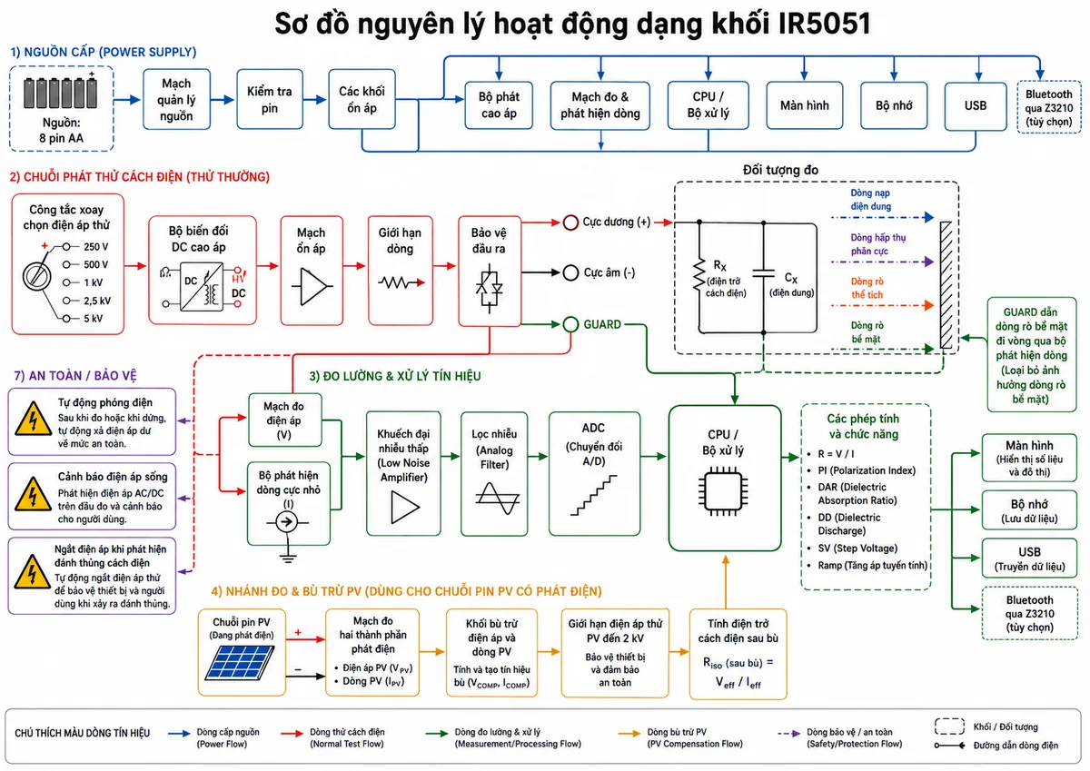 Vẽ sơ đồ nguyên lý hoạt động dạng khối của Máy đo điện trở cách điện HIOKI IR5051, nền trắng, bố cục ngang, nhãn tiếng Việt, phong cách kỹ thuật điện công nghiệp. Luồng nguồn bắt đầu từ 8 pin AA qua mạch quản lý nguồn, kiểm tra pin và các khối ổn áp. Luồng đo thông thường đi qua công tắc xoay chọn 250 V, 500 V, 1 kV, 2,5 kV hoặc 5 kV, bộ biến đổi DC cao áp, mạch ổn áp, giới hạn dòng, bảo vệ đầu ra và các cực dương, âm, GUARD. Đối tượng đo được mô hình hóa bằng điện trở cách điện RX song song với điện dung CX, kèm dòng nạp điện dung, dòng hấp thụ phân cực, dòng rò thể tích và dòng rò bề mặt. Vẽ cực GUARD dẫn dòng rò bề mặt vòng qua bộ phát hiện dòng. Điện áp thử và dòng rò đi qua mạch đo điện áp, bộ phát hiện dòng cực nhỏ, khuếch đại nhiễu thấp, lọc nhiễu và ADC tới bộ xử lý; CPU tính R = V/I, PI, DAR, DD, SV và Ramp rồi đưa tới màn hình, bộ nhớ, USB và Bluetooth qua Z3210 tùy chọn. Bổ sung nhánh PV gồm chuỗi pin tạo điện áp và dòng riêng, mạch đo hai thành phần phát điện, khối bù trừ điện áp và dòng PV, giới hạn điện áp thử đến 2 kV và tính điện trở cách điện sau bù. Thể hiện nhánh tự động phóng điện, cảnh báo điện áp sống và ngắt điện áp khi phát hiện đánh thủng cách điện.