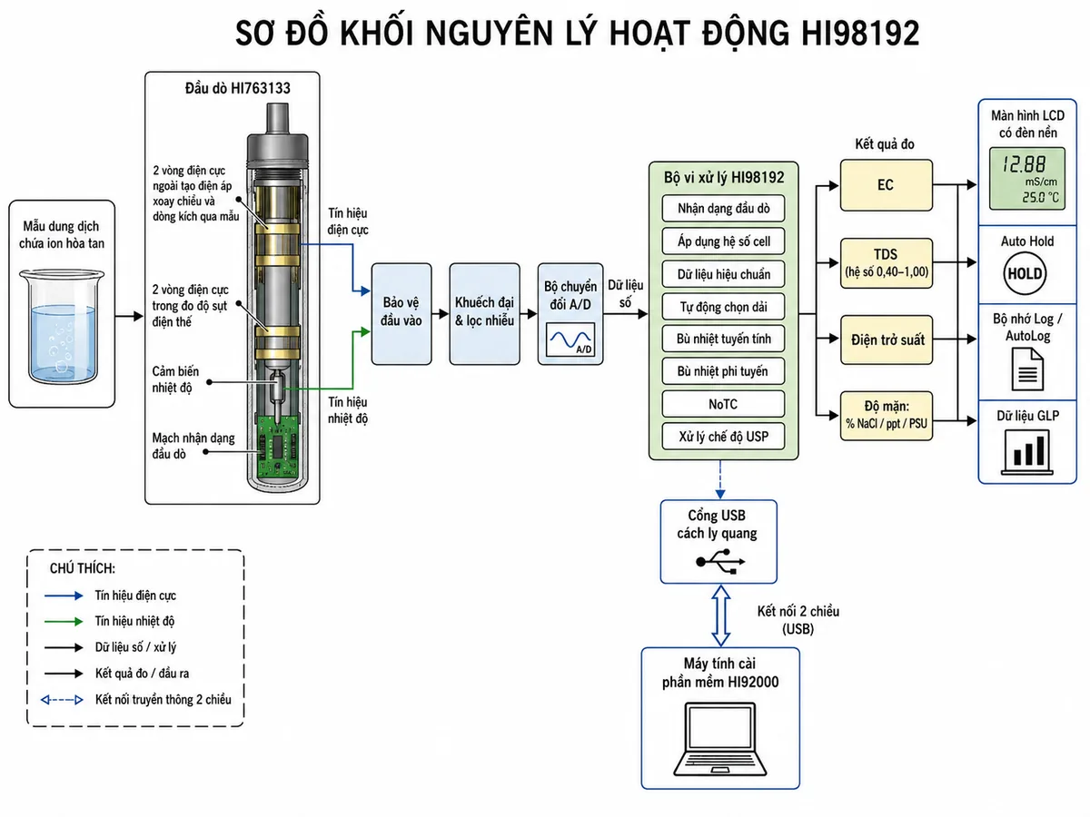 Vẽ sơ đồ khối nguyên lý hoạt động của Hanna HI98192 trên nền trắng, bố cục ngang. Luồng bắt đầu từ mẫu dung dịch chứa ion hòa tan đi vào đầu dò HI763133; bên trong đầu dò thể hiện hai vòng điện cực ngoài tạo điện áp xoay chiều và dòng kích qua mẫu, hai vòng điện cực trong đo độ sụt điện thế, cảm biến nhiệt độ đo nhiệt độ mẫu và mạch nhận dạng đầu dò. Các tín hiệu đi qua khối bảo vệ đầu vào, khuếch đại và lọc nhiễu, bộ chuyển đổi A/D rồi vào bộ vi xử lý HI98192. Bộ vi xử lý thực hiện nhận dạng đầu dò, áp dụng hệ số cell và dữ liệu hiệu chuẩn, tự động chọn dải, bù nhiệt tuyến tính, phi tuyến hoặc NoTC; từ EC tách thành các nhánh tính TDS theo hệ số 0,40 đến 1,00, tính điện trở suất, tính độ mặn theo % NaCl, ppt và PSU, đồng thời xử lý chế độ USP. Đầu ra đến màn hình LCD có đèn nền, Auto Hold, bộ nhớ Log/AutoLog, dữ liệu GLP và cổng USB cách ly quang truyền sang máy tính HI92000.