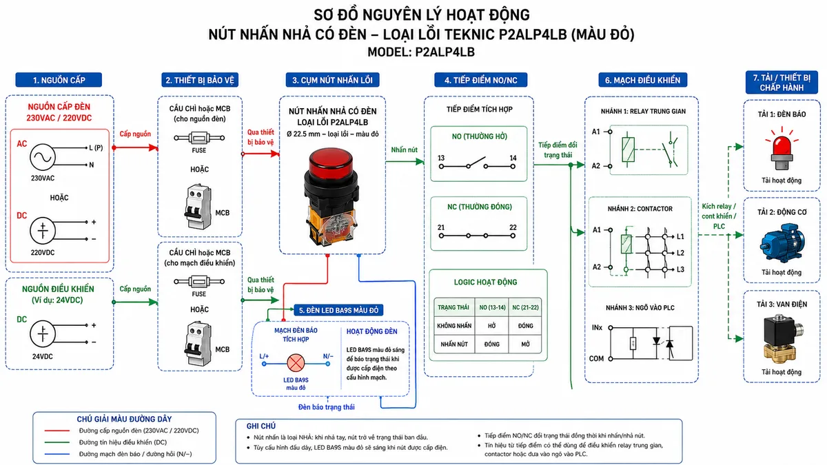 Sơ đồ nguyên lý hoạt động của Nút Nhấn Nhả Có Đèn Teknic P2ALP4LB màu đỏ; thể hiện các khối chức năng gồm nguồn cấp, thiết bị bảo vệ, cụm nút nhấn lồi, khối tiếp điểm NO/NC, khối đèn LED bulb BA9S màu đỏ, mạch điều khiển relay/contactor/PLC và tải; dùng mũi tên tiếng Việt mô tả luồng hoạt động: cấp nguồn, nhấn nút, đổi trạng thái tiếp điểm, gửi tín hiệu điều khiển, đèn báo trạng thái