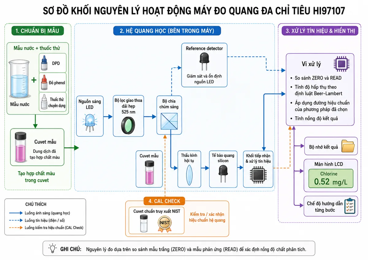 Vẽ sơ đồ khối nguyên lý hoạt động của máy đo quang đa chỉ tiêu Hanna HI97107 trên nền trắng, bố cục ngang. Luồng bắt đầu từ mẫu nước được thêm thuốc thử DPD, đỏ phenol hoặc thuốc thử chuyên dụng tương ứng để tạo hợp chất màu trong cuvet. Bên trong máy thể hiện nguồn sáng LED phát ánh sáng qua bộ lọc giao thoa dải hẹp 525 nm, sau đó tới bộ chia chùm sáng. Từ bộ chia tách thành nhánh tham chiếu đi tới reference detector để giám sát và ổn định nguồn LED, và nhánh đo đi xuyên qua cuvet mẫu. Sau cuvet thể hiện thấu kính hội tụ, tế bào quang silicon, khối tiếp nhận và xử lý tín hiệu rồi tới vi xử lý. Vi xử lý nhận cả tín hiệu đo và tín hiệu tham chiếu, so sánh phép ZERO với phép READ, tính độ hấp thụ theo định luật Beer–Lambert, áp dụng đường hiệu chuẩn của phương pháp đã chọn, lưu kết quả và hiển thị nồng độ trên LCD. Thể hiện thêm các nhánh CAL Check dùng cuvet chuẩn truy xuất NIST, chế độ hướng dẫn từng bước và bộ nhớ kết quả.