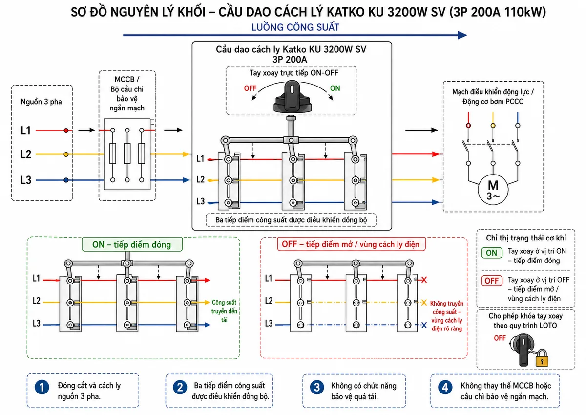 Vẽ sơ đồ khối nguyên lý hoạt động của Katko KU 3200W SV trên nền trắng, bố cục ngang. Từ trái sang phải gồm nguồn ba pha L1-L2-L3, thiết bị bảo vệ ngắn mạch phía trước, ba đường dẫn điện đi vào cầu dao. Phía trên thể hiện tay xoay trực tiếp ON-OFF truyền lực qua trục và cơ cấu vận hành; cơ cấu này điều khiển đồng bộ ba bộ tiếp điểm công suất của pha L1, L2 và L3. Ở trạng thái ON, ba tiếp điểm đóng và truyền điện đến mạch điều khiển động lực hoặc động cơ bơm PCCC. Ở trạng thái OFF, ba tiếp điểm mở, tạo vùng cách ly điện phía tải và cho phép khóa tay xoay theo quy trình LOTO. Thể hiện luồng công suất, chỉ thị trạng thái cơ khí và ghi chú cầu dao thực hiện đóng cắt, cách ly nhưng không có chức năng bảo vệ quá tải hoặc ngắn mạch.