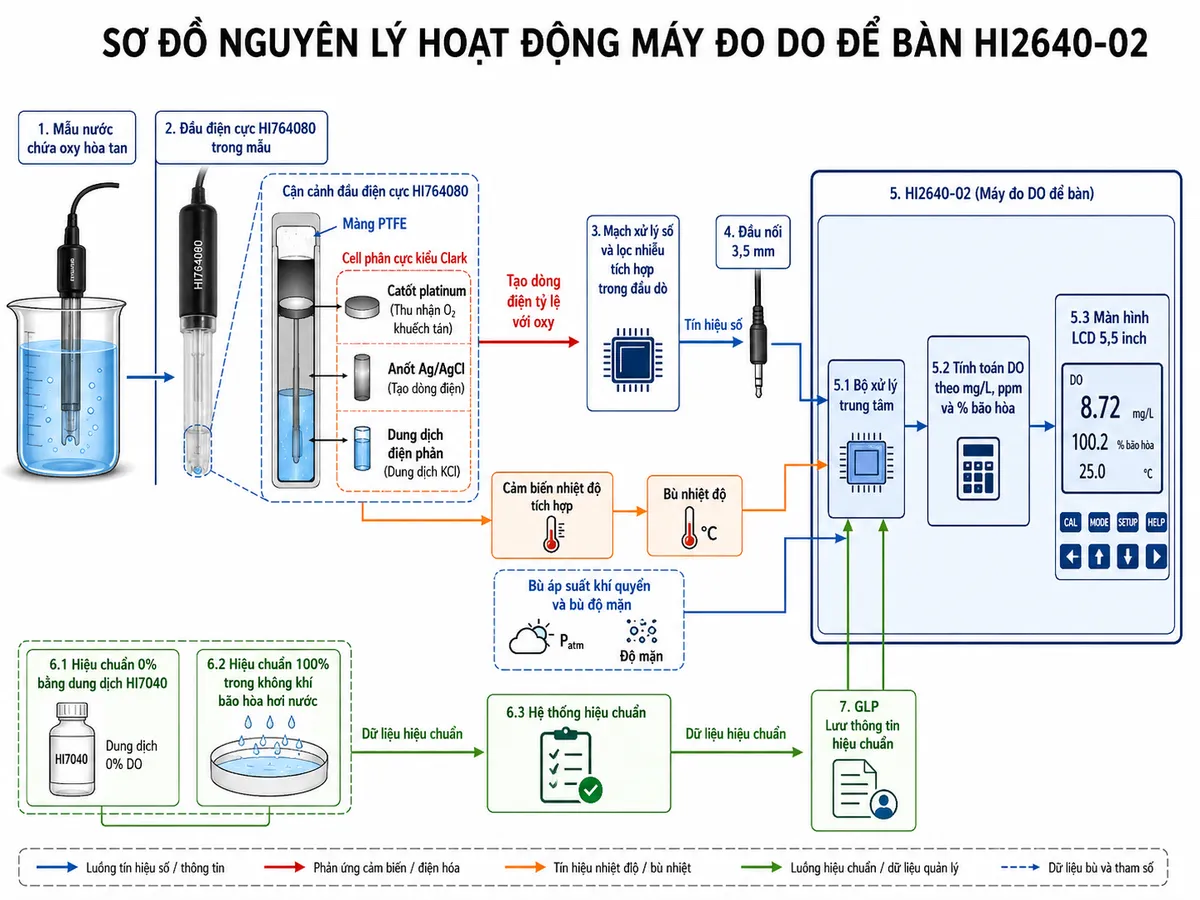 Vẽ sơ đồ nguyên lý hoạt động của Hanna HI2640-02 trên nền trắng: mẫu nước chứa oxy hòa tan → oxy khuếch tán qua màng PTFE của điện cực HI764080 → cell phân cực kiểu Clark gồm catốt platinum, anot Ag/AgCl và dung dịch điện phân → tạo dòng điện tỷ lệ với oxy → mạch xử lý số và lọc nhiễu tích hợp trong đầu dò → truyền tín hiệu số qua đầu nối 3,5 mm tới HI2640-02. Đồng thời thể hiện cảm biến nhiệt độ tích hợp → khối bù nhiệt độ; khối bù áp suất khí quyển và bù độ mặn → bộ xử lý trung tâm → tính toán DO theo mg/L, ppm và % bão hòa → màn hình LCD 5,5 inch. Thể hiện thêm khối hiệu chuẩn 0% bằng dung dịch HI7040 và 100% trong không khí bão hòa hơi nước cung cấp dữ liệu hiệu chuẩn cho hệ thống, cùng khối GLP lưu thông tin hiệu chuẩn.