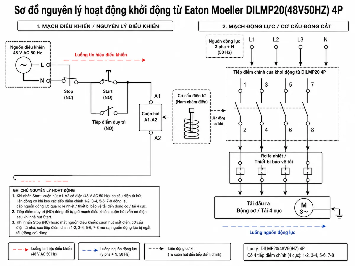 Sơ đồ nguyên lý hoạt động của Khởi động từ Eaton Moeller 276958 - DILMP20(48V50HZ), thể hiện các khối nguồn điều khiển 48 V AC 50 Hz, nút Stop, nút Start, tiếp điểm duy trì, cuộn hút A1-A2, cơ cấu điện từ, bốn tiếp điểm chính 1-2 3-4 5-6 7-8, thiết bị bảo vệ tải và tải đầu ra; dùng mũi tên mô tả luồng tín hiệu điều khiển và luồng nguồn động lực khi contactor đóng/ngắt