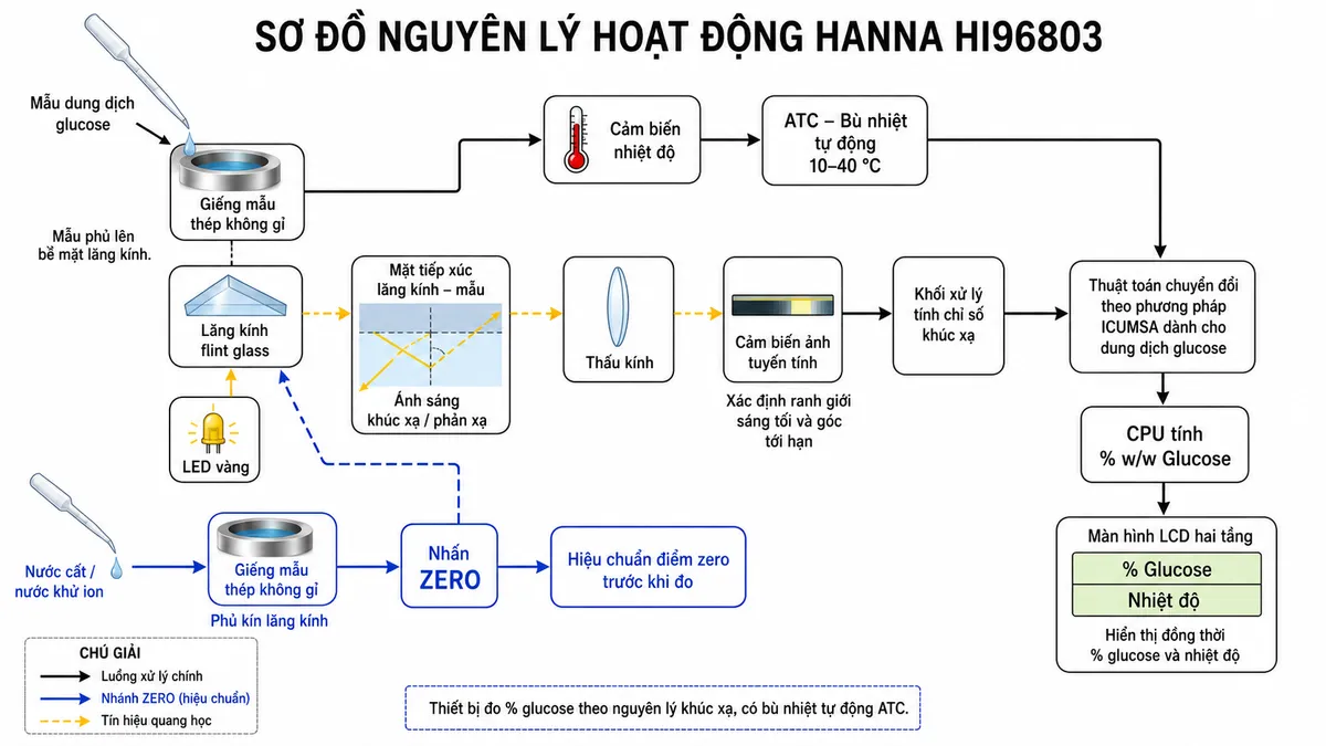 Sơ đồ nguyên lý hoạt động Hanna HI96803 dạng block diagram kỹ thuật trên nền trắng: mẫu dung dịch glucose được nhỏ bằng pipet vào giếng mẫu thép không gỉ → tiếp xúc lăng kính flint glass → LED vàng phát ánh sáng qua lăng kính → ánh sáng khúc xạ/phản xạ tại mặt tiếp xúc lăng kính–mẫu → thấu kính → cảm biến ảnh tuyến tính xác định ranh giới sáng tối và góc tới hạn → khối xử lý tính chỉ số khúc xạ. Thêm nhánh cảm biến nhiệt độ → khối ATC bù nhiệt tự động 10–40 °C → thuật toán chuyển đổi theo phương pháp ICUMSA dành cho dung dịch glucose → CPU tính % w/w Glucose → LCD hai tầng hiển thị đồng thời % glucose và nhiệt độ. Bổ sung nhánh ZERO: nước cất/nước khử ion → phủ kín lăng kính → nhấn ZERO → hiệu chuẩn điểm zero trước khi đo.