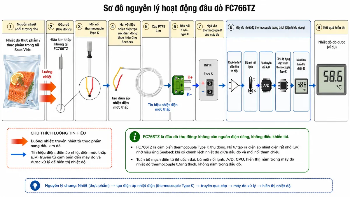 Vẽ sơ đồ nguyên lý hoạt động dạng block diagram kỹ thuật trên nền trắng cho Hanna FC766TZ: nhiệt độ thực phẩm hoặc thực phẩm trong túi Sous Vide → truyền nhiệt vào đầu kim thép không gỉ FC766TZ → mối nối thermocouple Type K → hai vật liệu nhiệt điện tạo sức điện động theo hiệu ứng Seebeck → tín hiệu điện áp mức thấp truyền qua cáp PTFE 1 m → đầu nối K+/K− Type K → ngõ vào thermocouple K của máy đo → khối khuếch đại/điều hòa tín hiệu → khối bù mối nối lạnh → bộ chuyển đổi A/D → CPU áp dụng đặc tuyến thermocouple Type K → màn hình hiển thị nhiệt độ. Thể hiện bằng hai kiểu mũi tên riêng: luồng nhiệt từ thực phẩm vào đầu dò và luồng tín hiệu điện từ cảm biến đến máy đo; ghi chú đầu dò FC766TZ không cần nguồn điện riêng và không điều khiển tải.