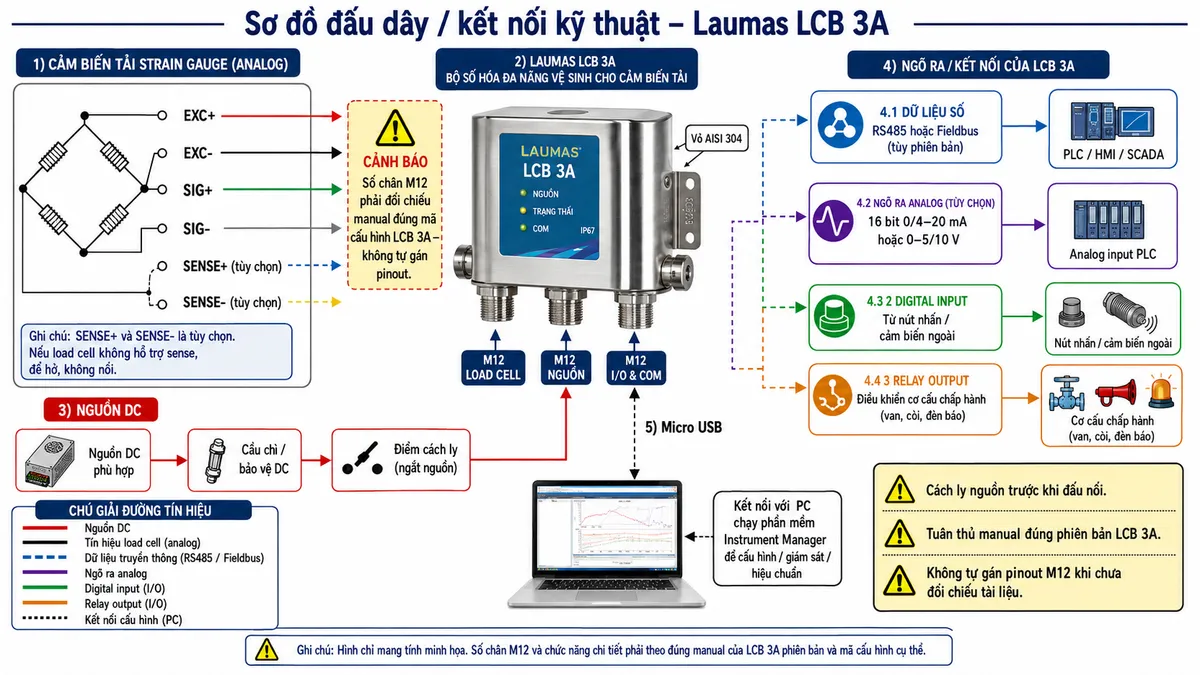 Vẽ sơ đồ nguyên lý hoạt động dạng khối cho LCB 3A | Bộ số hóa đa năng vệ sinh cho cảm biến tải Laumas LCB 3A trên nền trắng, bố cục ngang. Bắt đầu từ khối Tải trọng/lực cơ học tác động lên Load cell strain gauge; load cell biến đổi lực thành tín hiệu analog mV/V; tín hiệu đi vào khối Thu nhận tín hiệu load cell trong LCB 3A, sau đó qua khối Chuyển đổi A/D và khối Xử lý trọng lượng số. Trong khối xử lý thể hiện các chức năng hiệu chuẩn, lọc tín hiệu, zero, tare và tính toán giá trị trọng lượng. Bổ sung khối Giám sát giao diện với 6 LED trạng thái kết nối với bộ xử lý. Từ bộ xử lý chia các nhánh: dữ liệu số qua RS485 hoặc fieldbus tới PLC/HMI/SCADA; ngõ ra analog tùy chọn 16 bit 0/4–20 mA hoặc 0–5/10 V tới analog input PLC; 3 relay output tới cơ cấu chấp hành; 2 digital input nhận lệnh từ thiết bị ngoài; Micro USB kết nối PC chạy Instrument Manager để cấu hình, giám sát và hiệu chuẩn. Vẽ riêng khối nguồn DC cấp cho mạch điện tử LCB 3A. Ghi chú vỏ AISI 304, thiết kế vệ sinh 3-A, các giao diện phụ thuộc phiên bản/mã cấu hình và LCB 3A chuyển tín hiệu load cell analog mV/V thành điểm đo trọng lượng số.