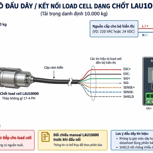 Vẽ sơ đồ nguyên lý hoạt động dạng khối cho Laumas LAU10000 trên nền trắng, bố cục ngang. Bắt đầu từ “Tải/lực cơ học” → “Càng liên kết hoặc kết cấu chịu tải” → “Chốt cảm biến LAU10000 – thép không gỉ 17-4 PH” → “Biến dạng đàn hồi tại vùng đo” → “Strain gauge thay đổi điện trở” → “Cầu Wheatstone”. Vẽ bộ điện tử cân cấp EXC+/EXC- vào cầu Wheatstone; thể hiện SENSE+/SENSE- hồi tiếp điện áp khi cảm biến và thiết bị đọc hỗ trợ. Từ cầu Wheatstone vẽ SIG+/SIG- mang tín hiệu vi sai → “Khuếch đại tín hiệu” → “Chuyển đổi A/D” → “Hiệu chuẩn, lọc và xử lý tải trọng”; sau đó chia thành các nhánh tới “Hiển thị trọng lượng”, “PLC/HMI/SCADA” và “Cảnh báo hoặc giới hạn tải”. Thể hiện rõ mũi tên chiều truyền lực cơ học và chiều truyền tín hiệu điện.