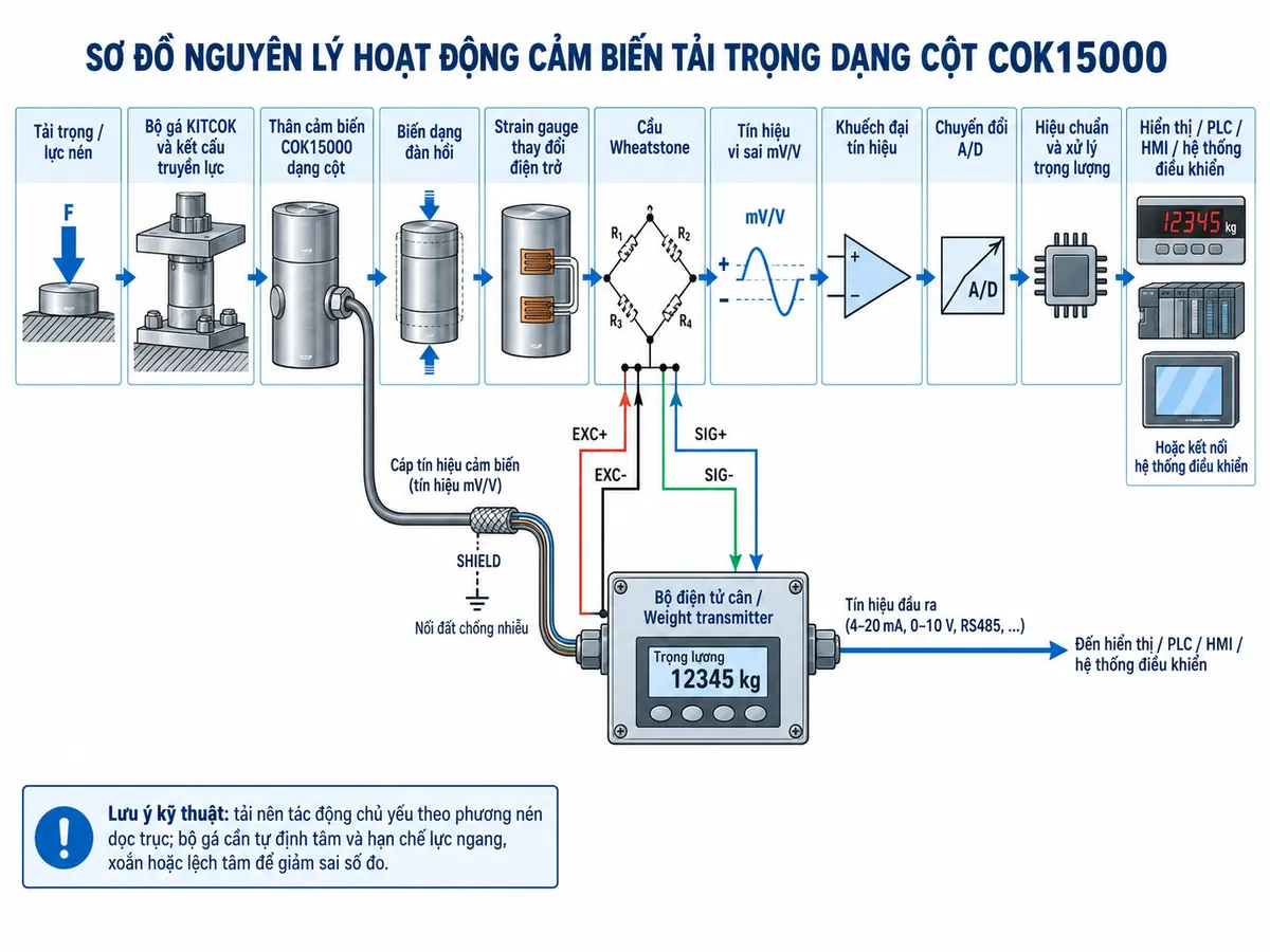 Vẽ sơ đồ nguyên lý hoạt động dạng khối cho Laumas COK15000 trên nền trắng, bố cục ngang. Luồng chính bắt đầu từ “Tải trọng / lực nén” → “Bộ gá KITCOK và kết cấu truyền lực” → “Thân cảm biến COK15000 dạng cột” → “Biến dạng đàn hồi” → “Strain gauge thay đổi điện trở” → “Cầu Wheatstone” → “Tín hiệu vi sai mV/V” → “Khuếch đại tín hiệu” → “Chuyển đổi A/D” → “Hiệu chuẩn và xử lý trọng lượng” → “Hiển thị / PLC / HMI / hệ thống điều khiển”. Từ khối “Bộ điện tử cân / Weight transmitter” vẽ EXC+ và EXC- cấp điện áp kích thích vào cầu Wheatstone; từ cầu Wheatstone vẽ SIG+ và SIG- truyền tín hiệu đo trở lại bộ điện tử. Thể hiện SHIELD ở đường cáp. Thêm ghi chú kỹ thuật: tải nên tác động chủ yếu theo phương nén dọc trục, bộ gá cần tự định tâm và hạn chế lực ngang, xoắn hoặc lệch tâm để giảm sai số đo.
