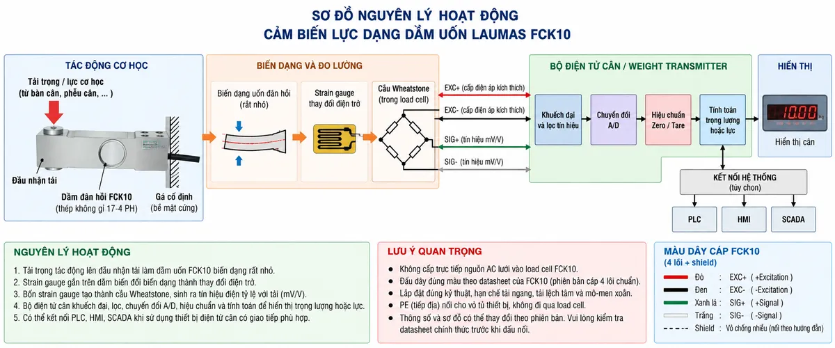 Vẽ sơ đồ nguyên lý hoạt động dạng khối cho Laumas FCK10 trên nền trắng, bố cục ngang. Thể hiện luồng từ trái sang phải: “Tải trọng / lực cơ học” → “Đầu nhận tải” → “Dầm đàn hồi FCK10” → “Biến dạng uốn đàn hồi” → “Strain gauge thay đổi điện trở” → “Cầu Wheatstone”. Từ khối “Bộ điện tử cân / Weight transmitter” vẽ EXC+ và EXC- cấp điện áp kích thích tới cầu Wheatstone. Từ cầu Wheatstone vẽ SIG+ và SIG- mang tín hiệu vi sai mV/V → “Khuếch đại và lọc tín hiệu” → “Chuyển đổi A/D” → “Hiệu chuẩn / Zero / Tare” → “Tính toán trọng lượng hoặc lực” → “Hiển thị cân”. Từ khối xử lý vẽ các nhánh tùy chọn tới PLC, HMI hoặc SCADA khi sử dụng thiết bị điện tử cân có giao tiếp phù hợp. Bổ sung ghi chú nguyên lý: tải làm dầm biến dạng rất nhỏ; strain gauge chuyển biến dạng thành thay đổi điện trở; cầu Wheatstone tạo tín hiệu điện tỷ lệ với tải.